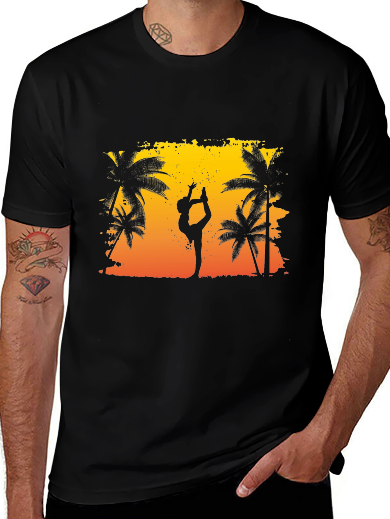 Silhouette Yoga Palm Tree Sunset Black T-Shirt