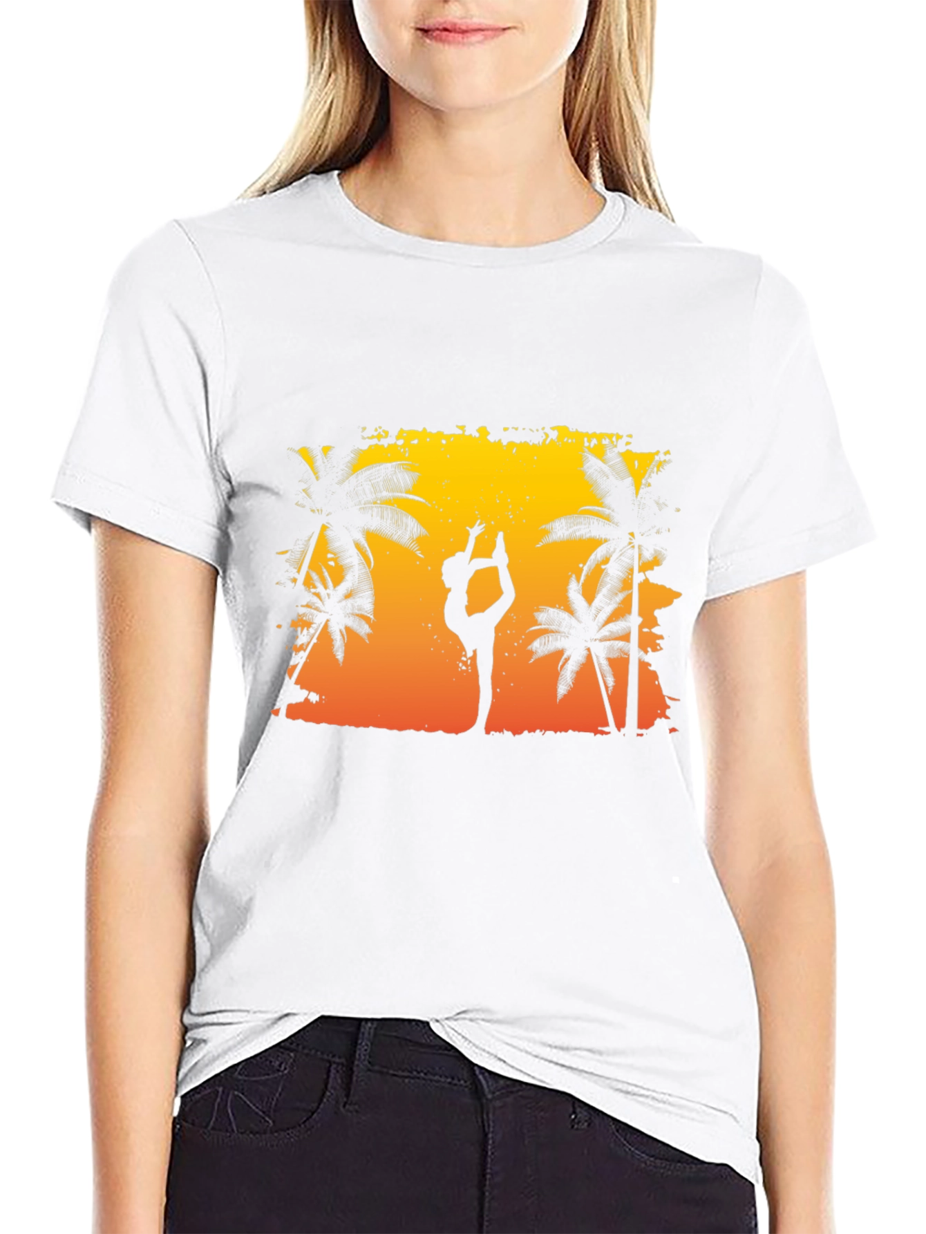 Silhouette Yoga Palm Tree Sunset Black T-Shirt