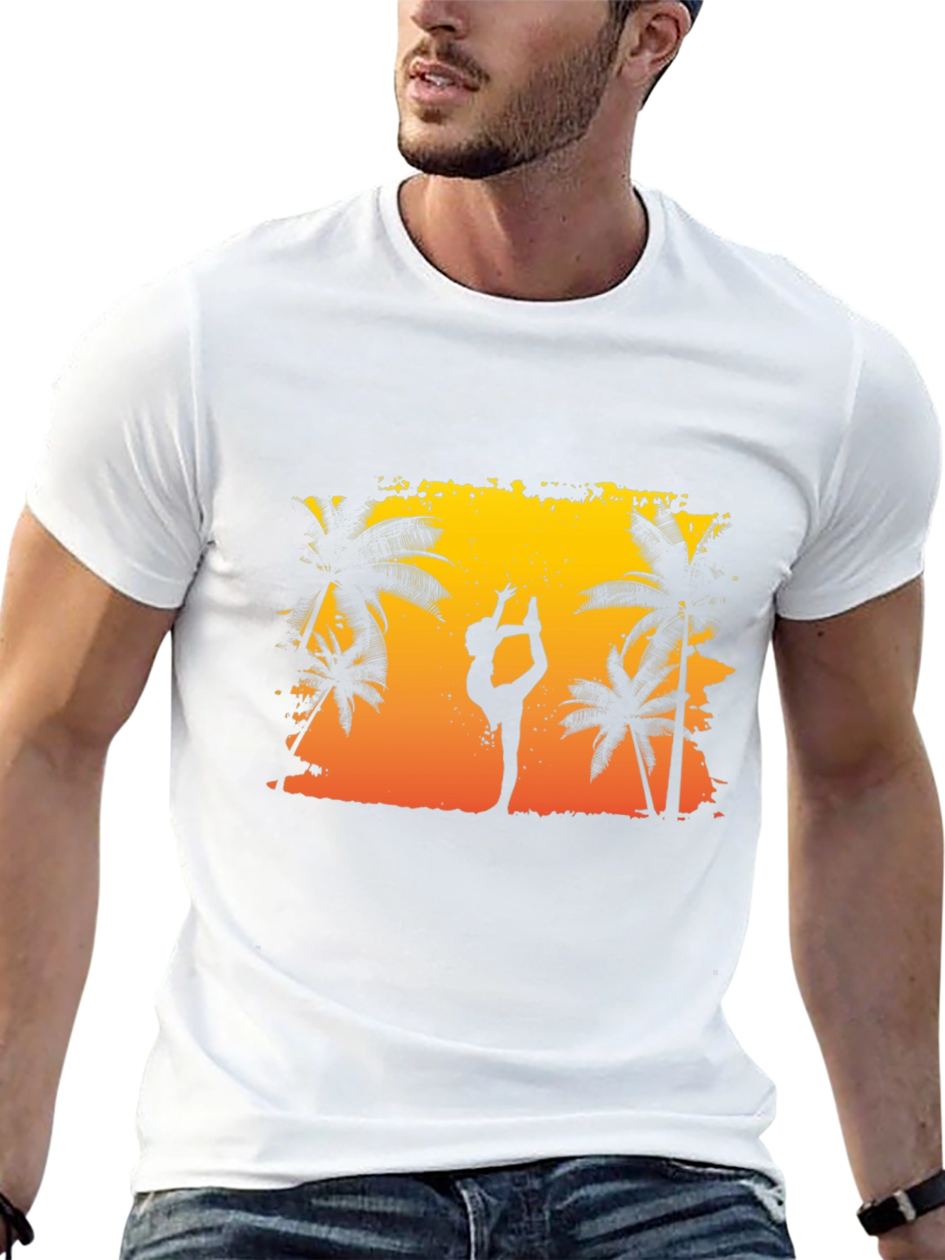 Silhouette Yoga Palm Tree Sunset Black T-Shirt