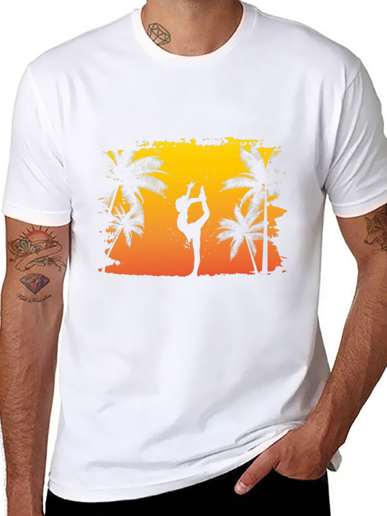 Silhouette Yoga Palm Tree Sunset Black T-Shirt
