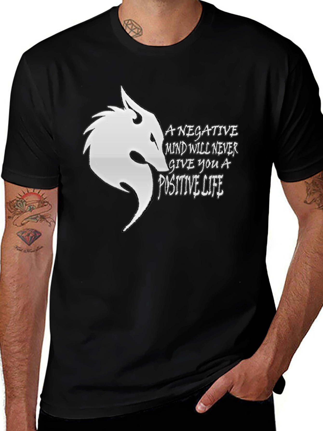 Motivational Black T-Shirt with Wolf Design