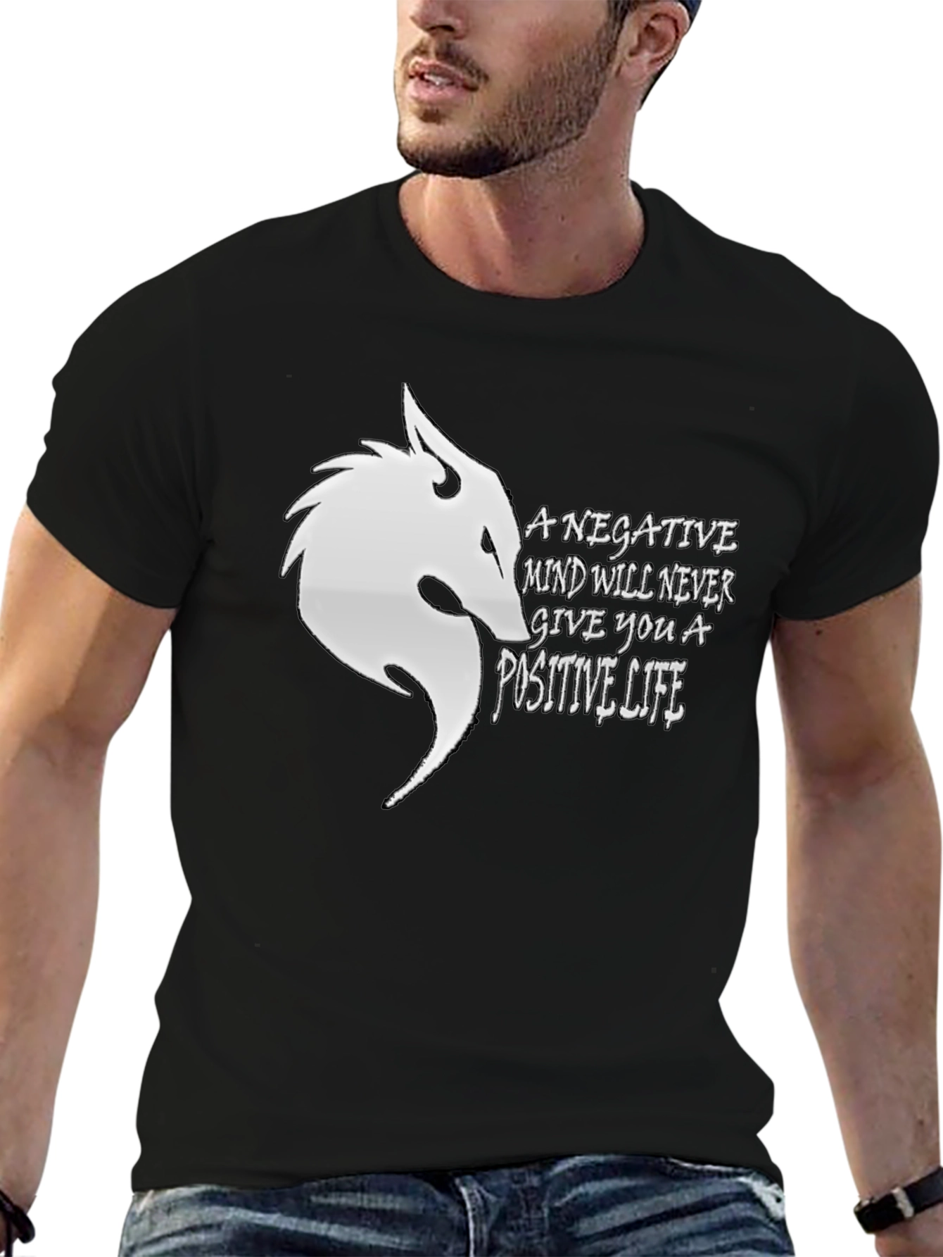 Motivational Black T-Shirt with Wolf Design