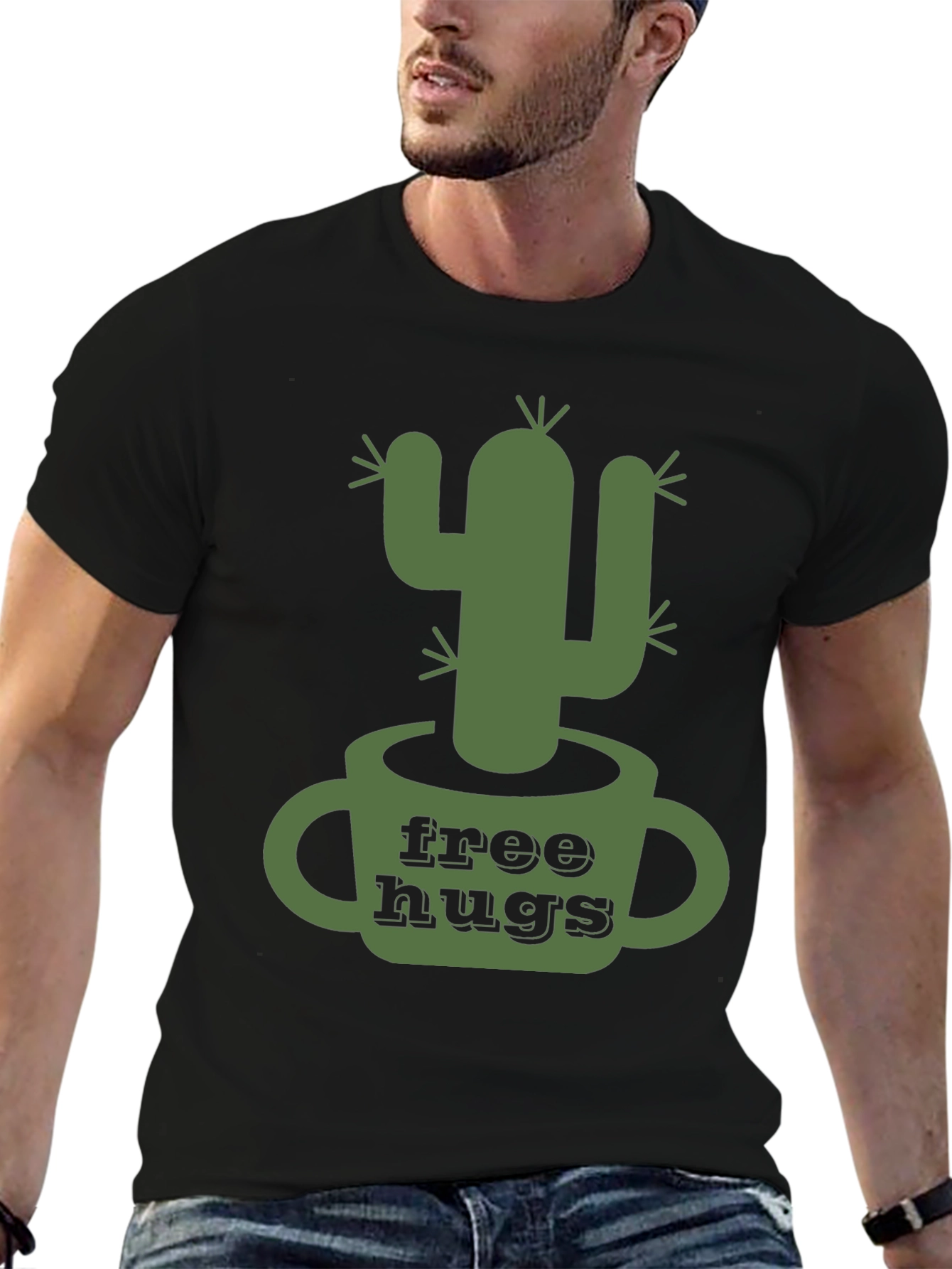 Free Hugs Cactus Graphic Tee - Mens Black T-Shirt