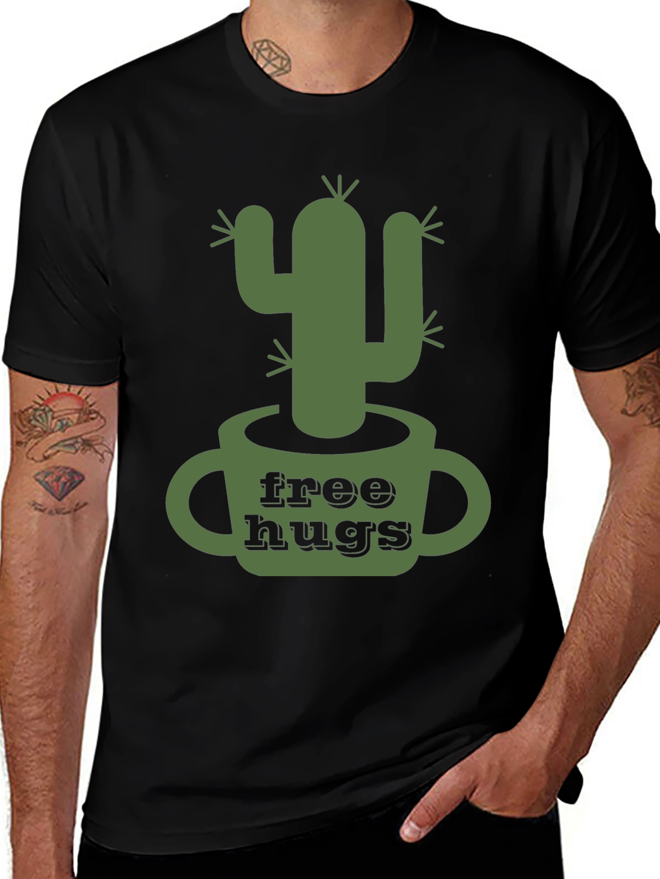 Free Hugs Cactus Graphic Tee - Mens Black T-Shirt