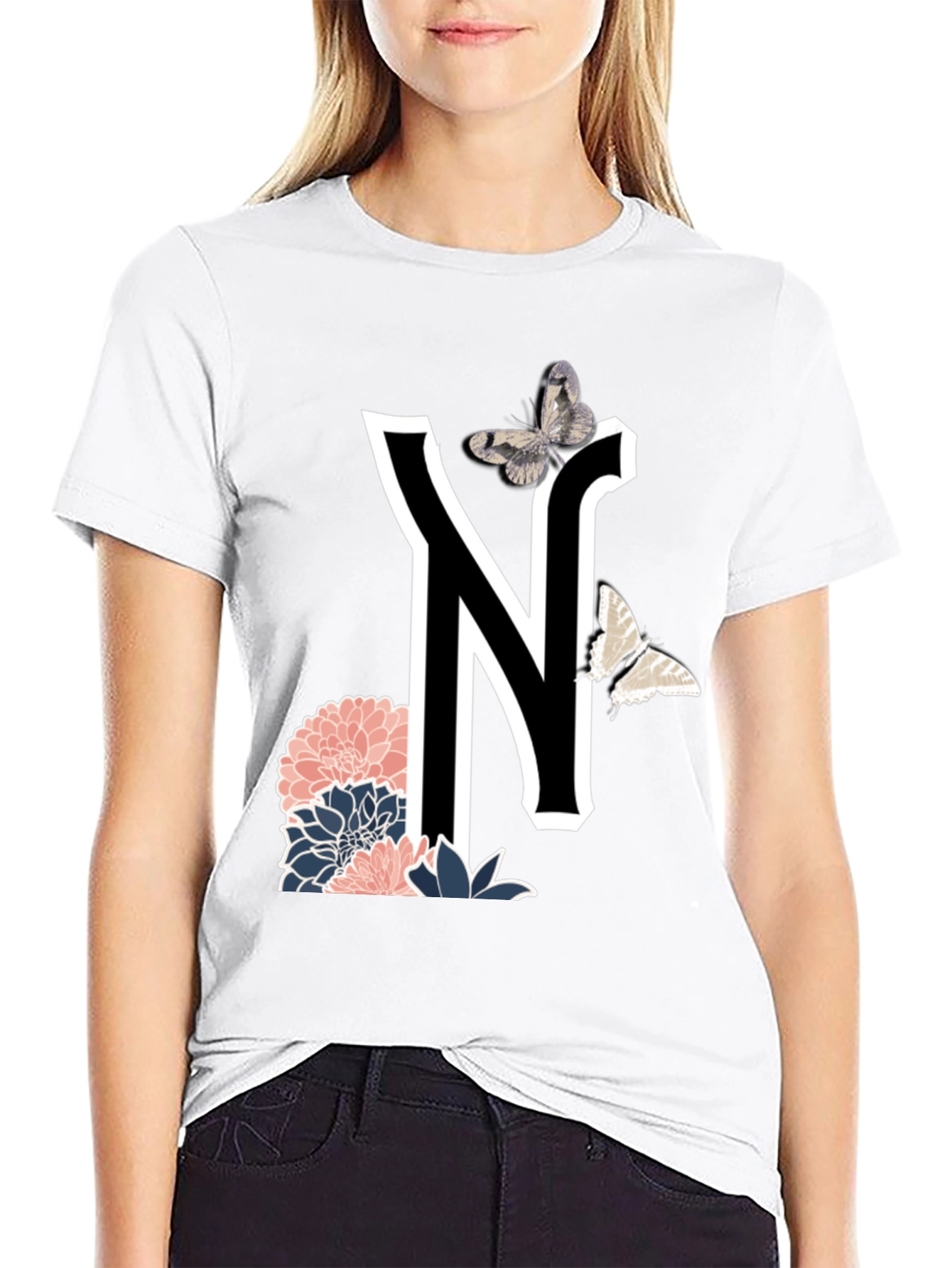 Letter N Floral Butterfly T-Shirt
