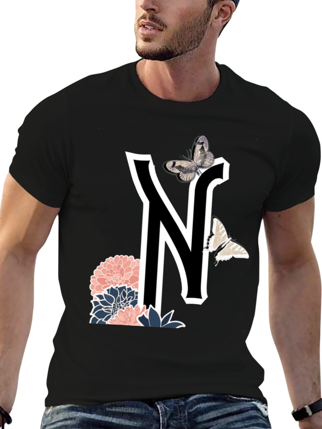 Letter N Floral Butterfly T-Shirt