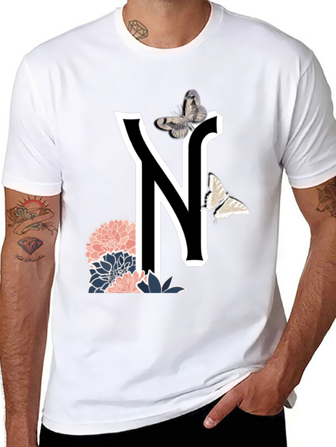 Letter N Floral Butterfly T-Shirt
