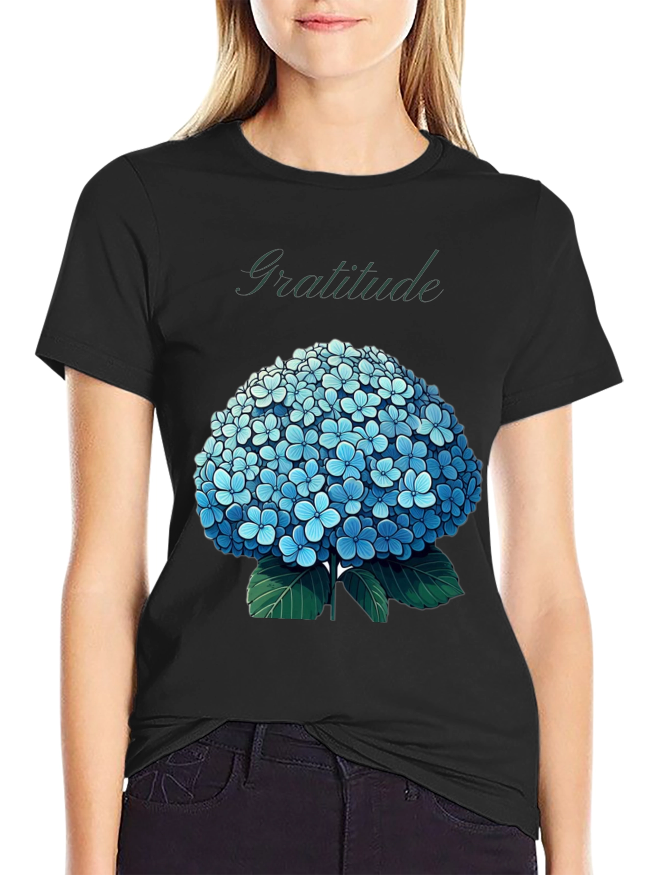 Gratitude Hydrangea Graphic Tee - Black