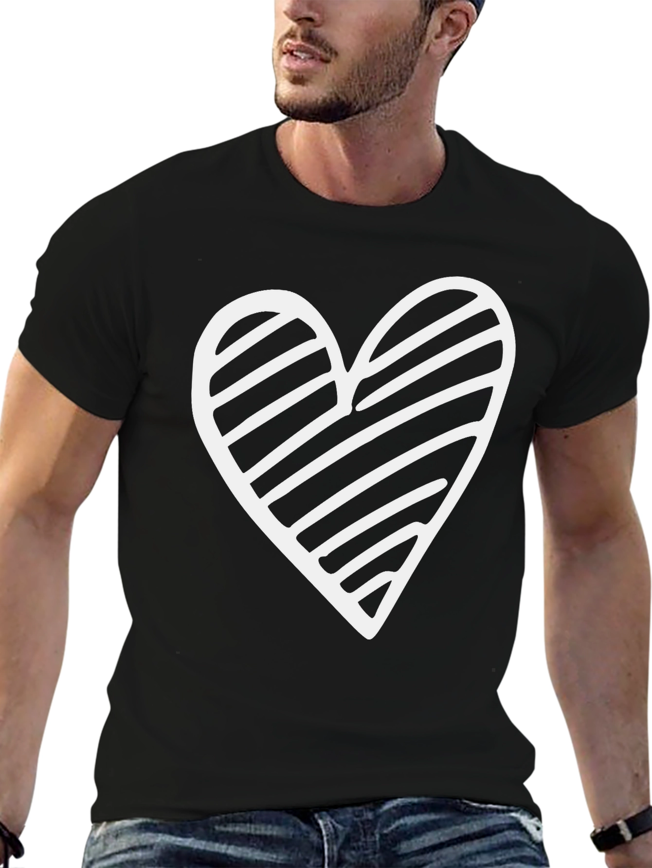 Black T-Shirt with White Striped Heart Graphic
