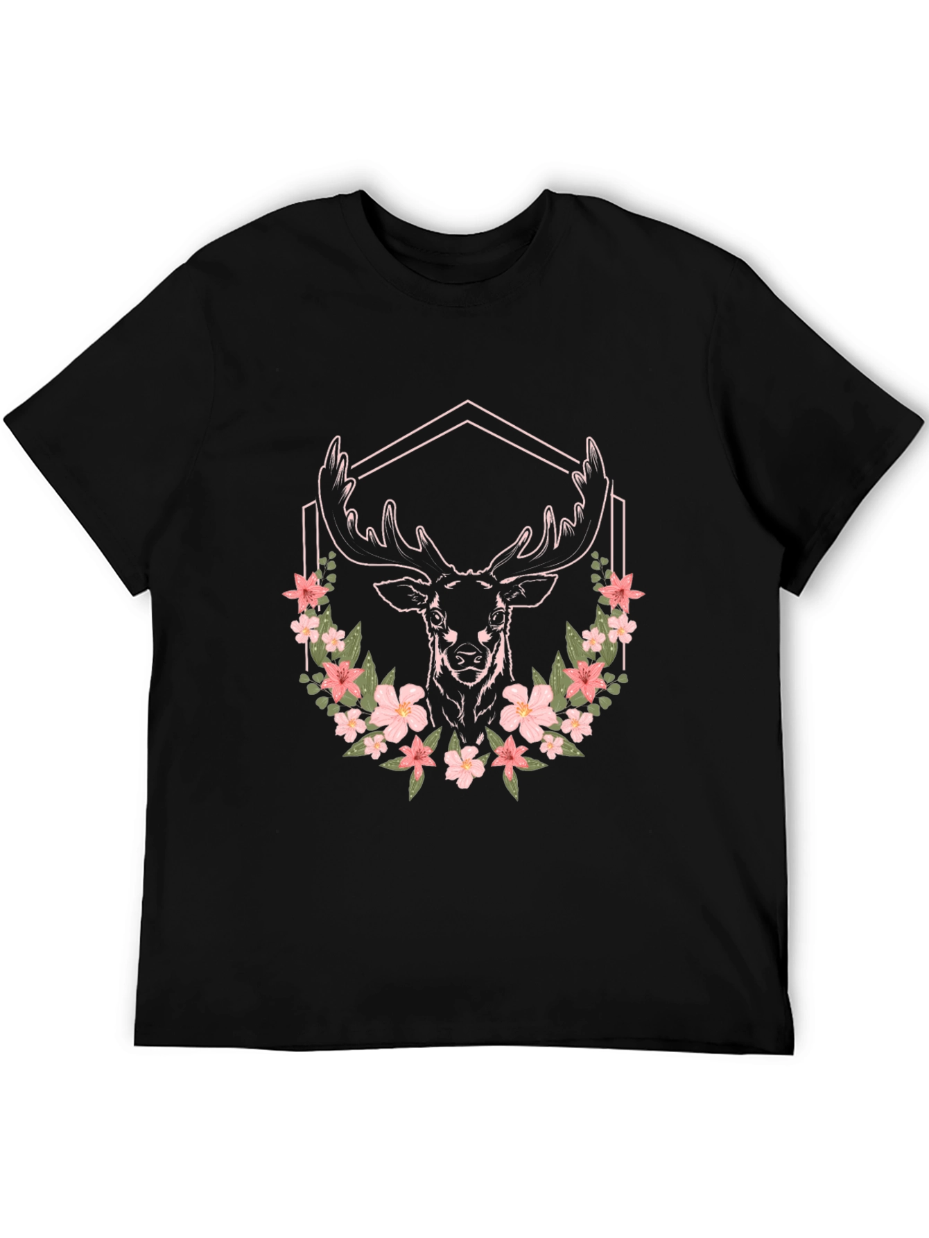 Floral Deer Graphic Tee - Unisex Black T-Shirt