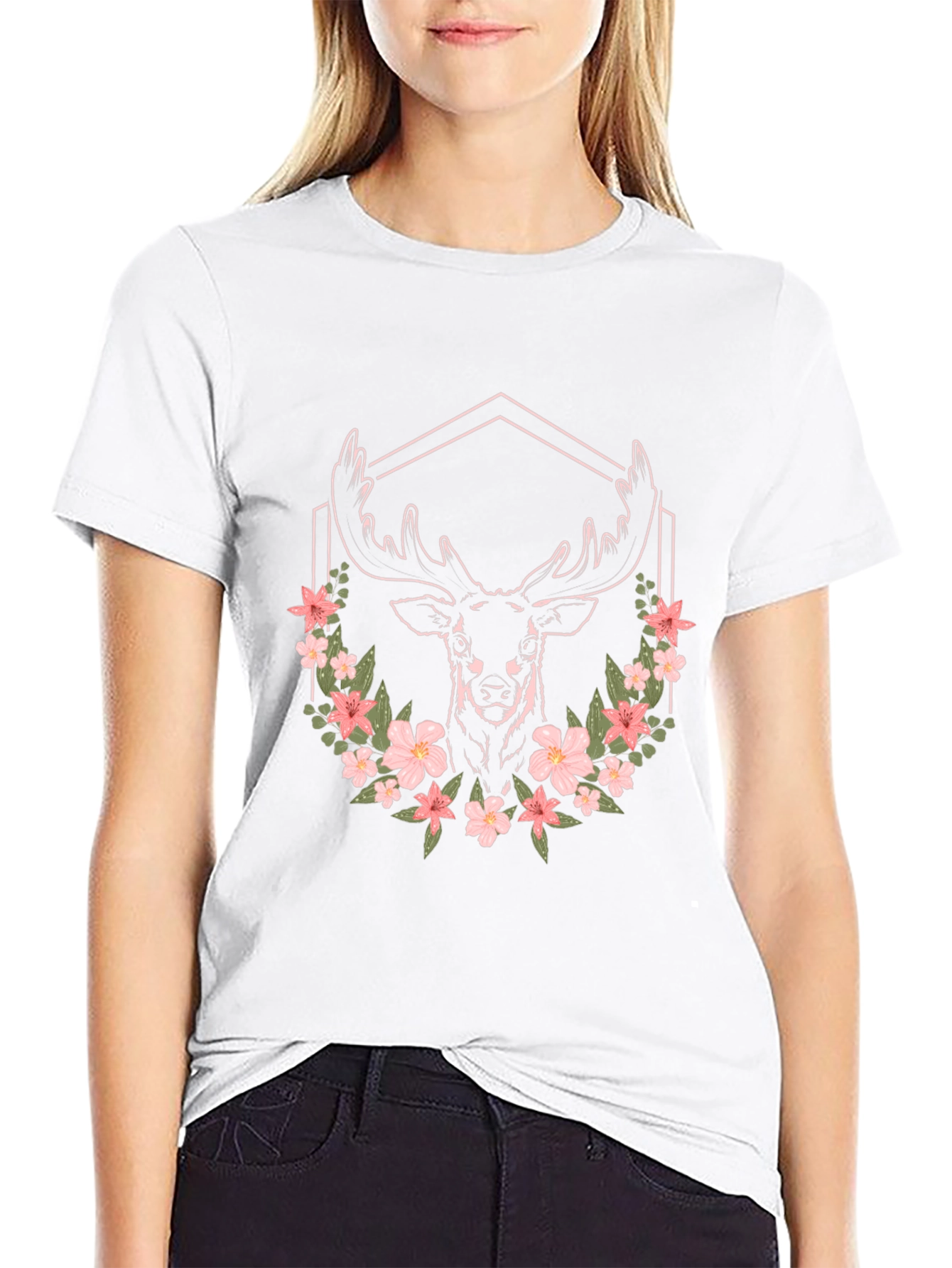 Floral Deer Graphic Tee - Unisex Black T-Shirt