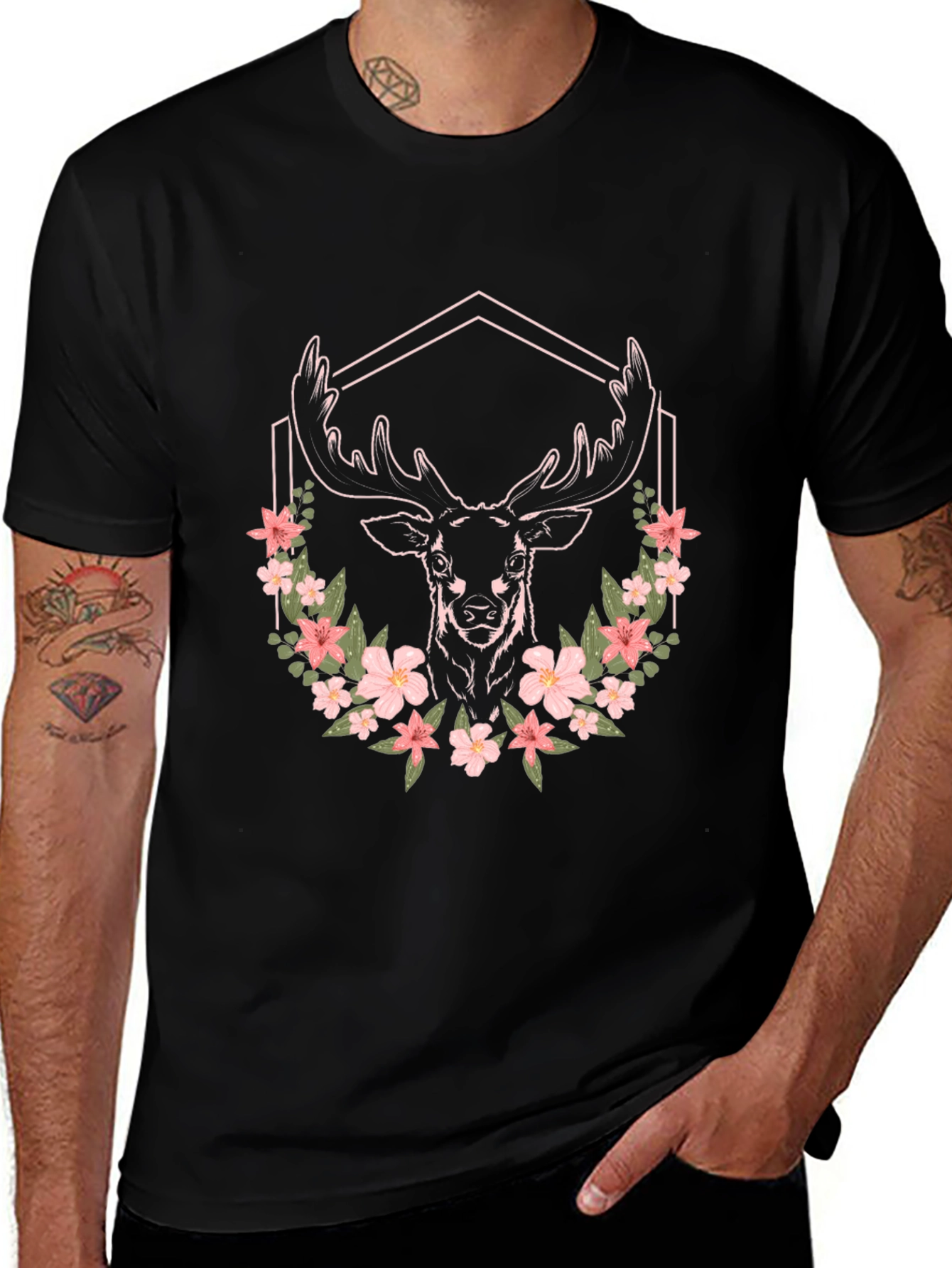 Floral Deer Graphic Tee - Unisex Black T-Shirt