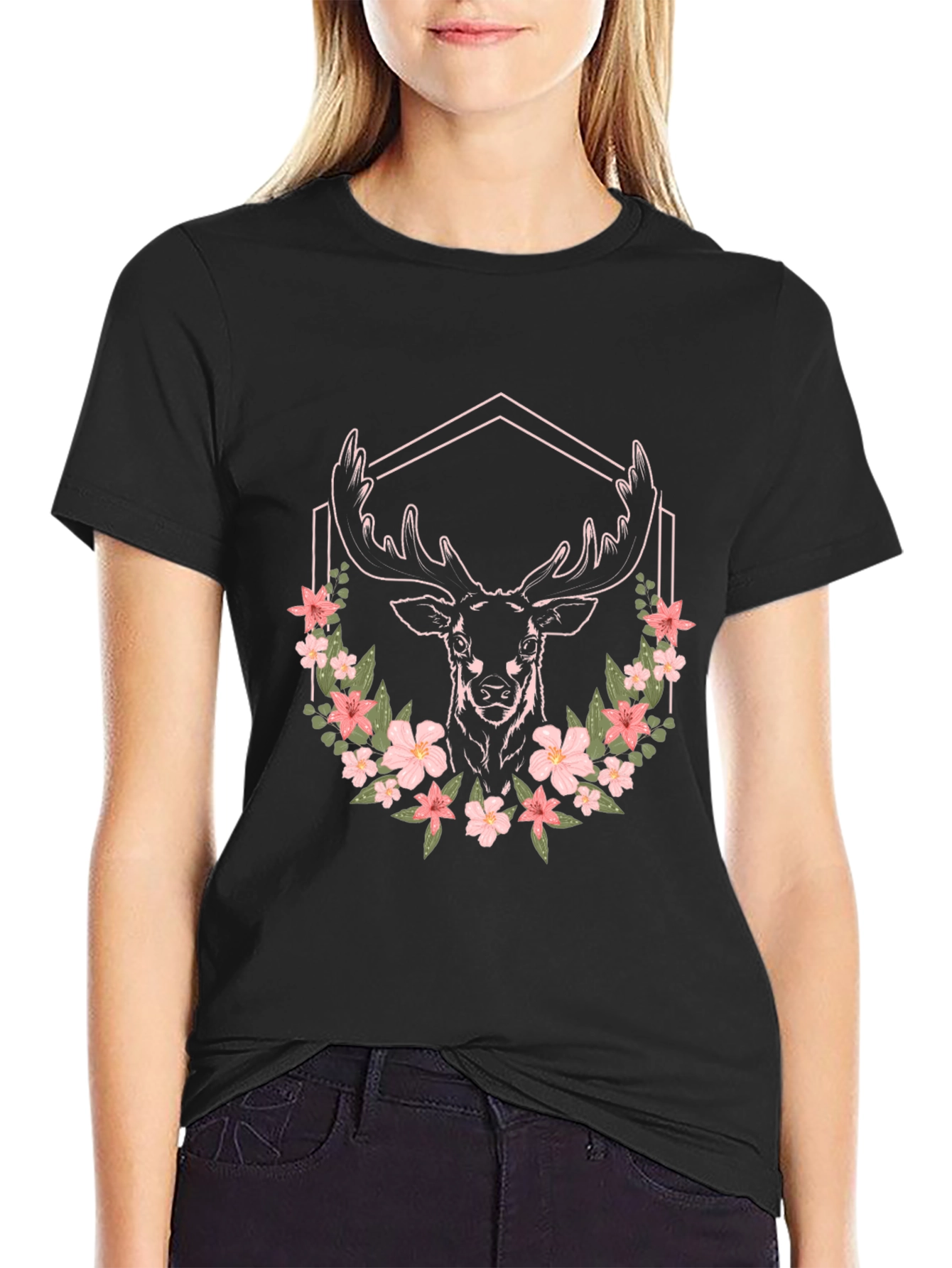 Floral Deer Graphic Tee - Unisex Black T-Shirt