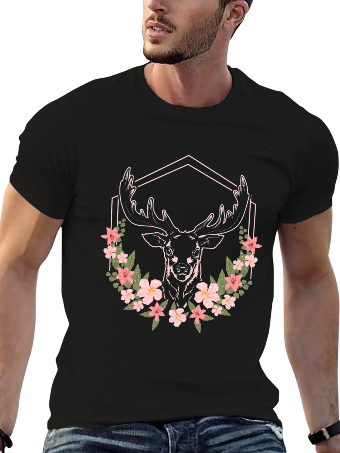 Floral Deer Graphic Tee - Unisex Black T-Shirt