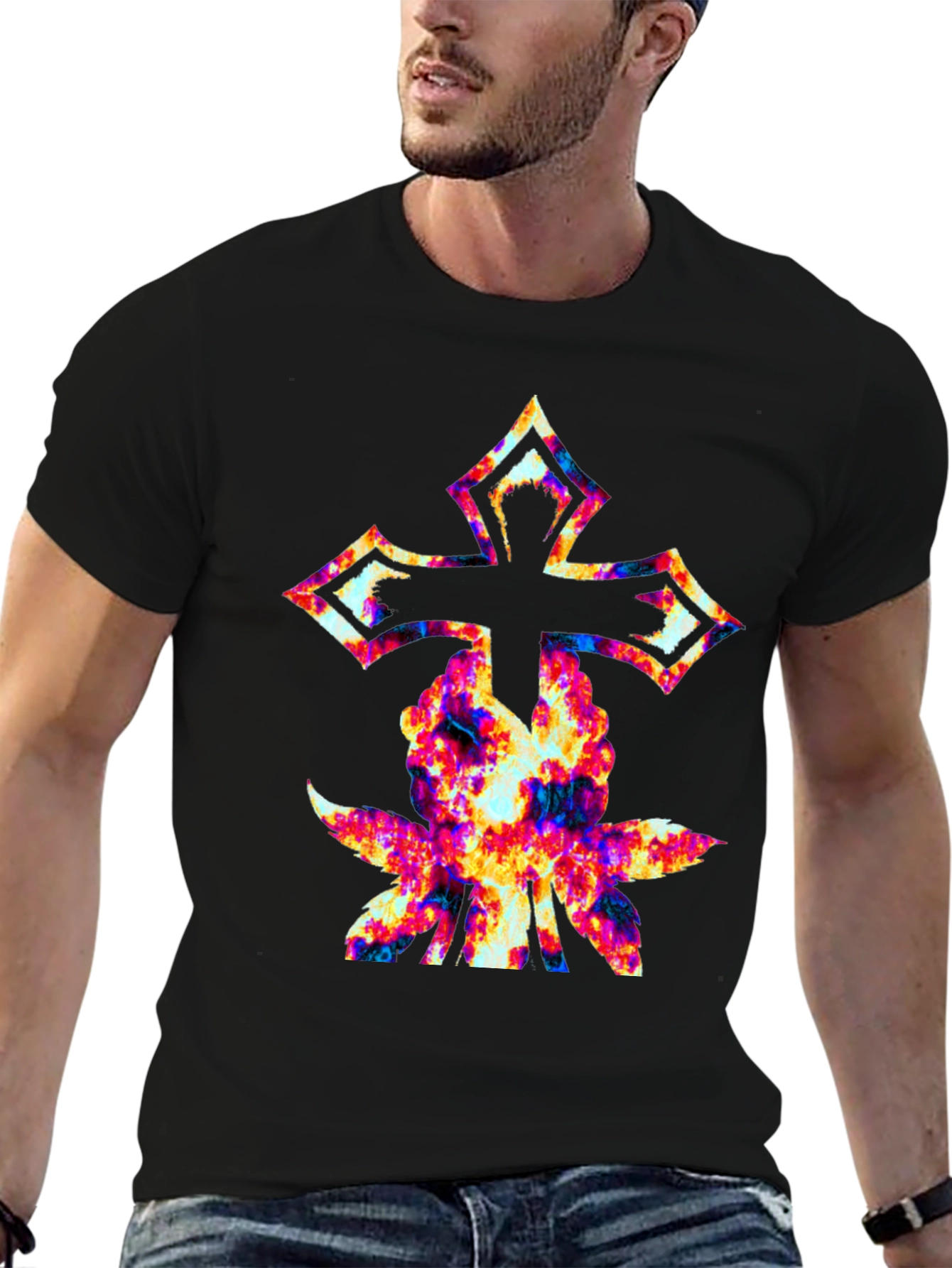 Cross & Floral Graphic Black T-Shirt