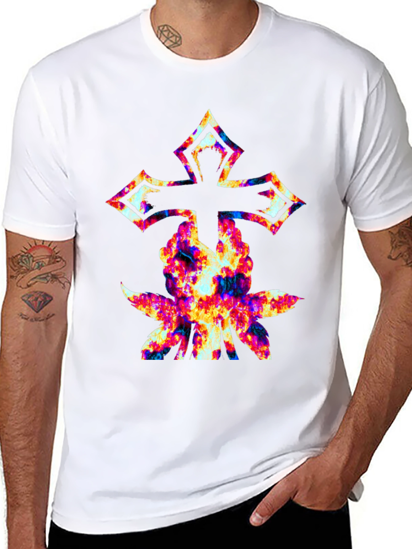Cross & Floral Graphic Black T-Shirt
