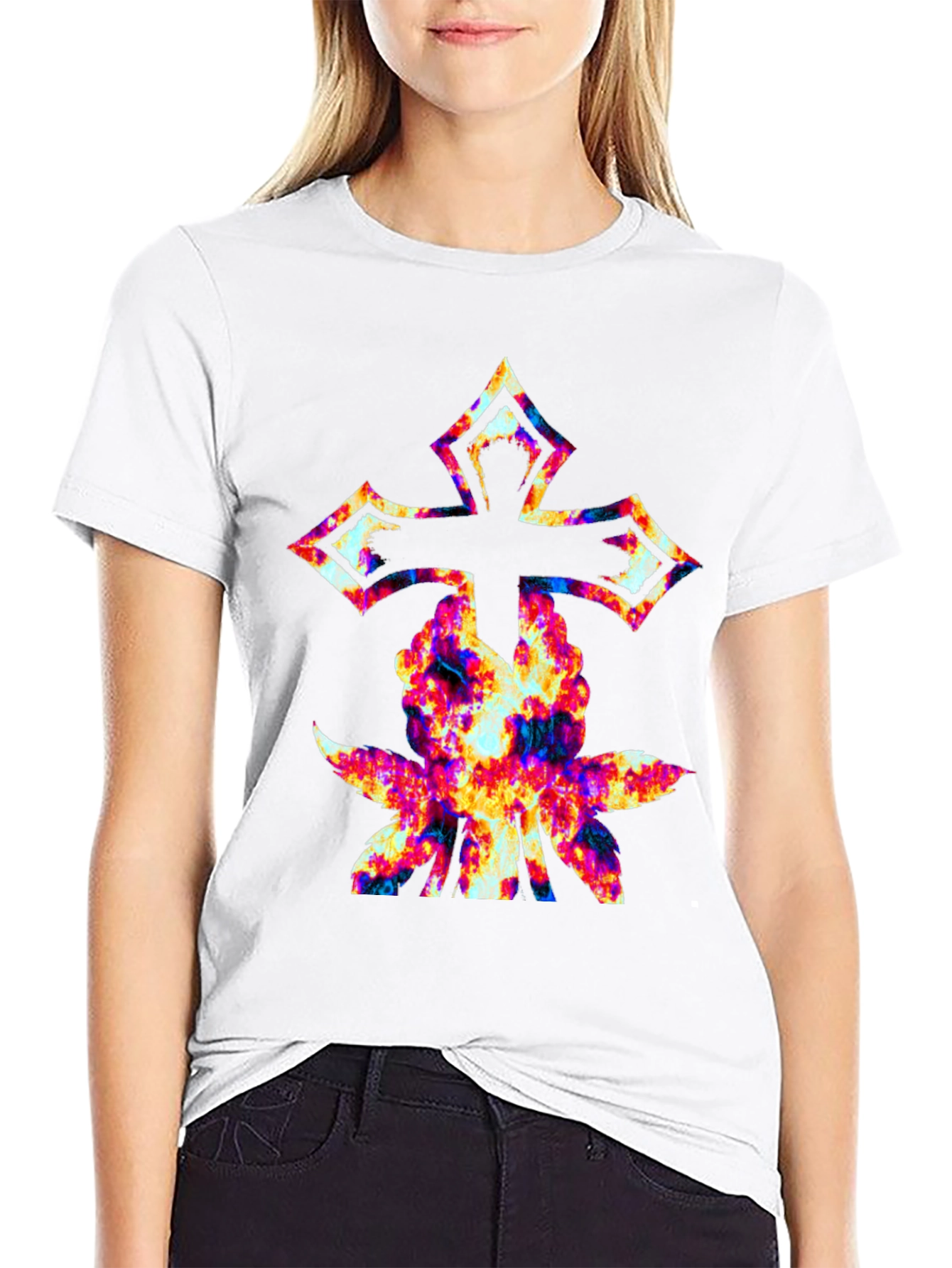 Cross & Floral Graphic Black T-Shirt