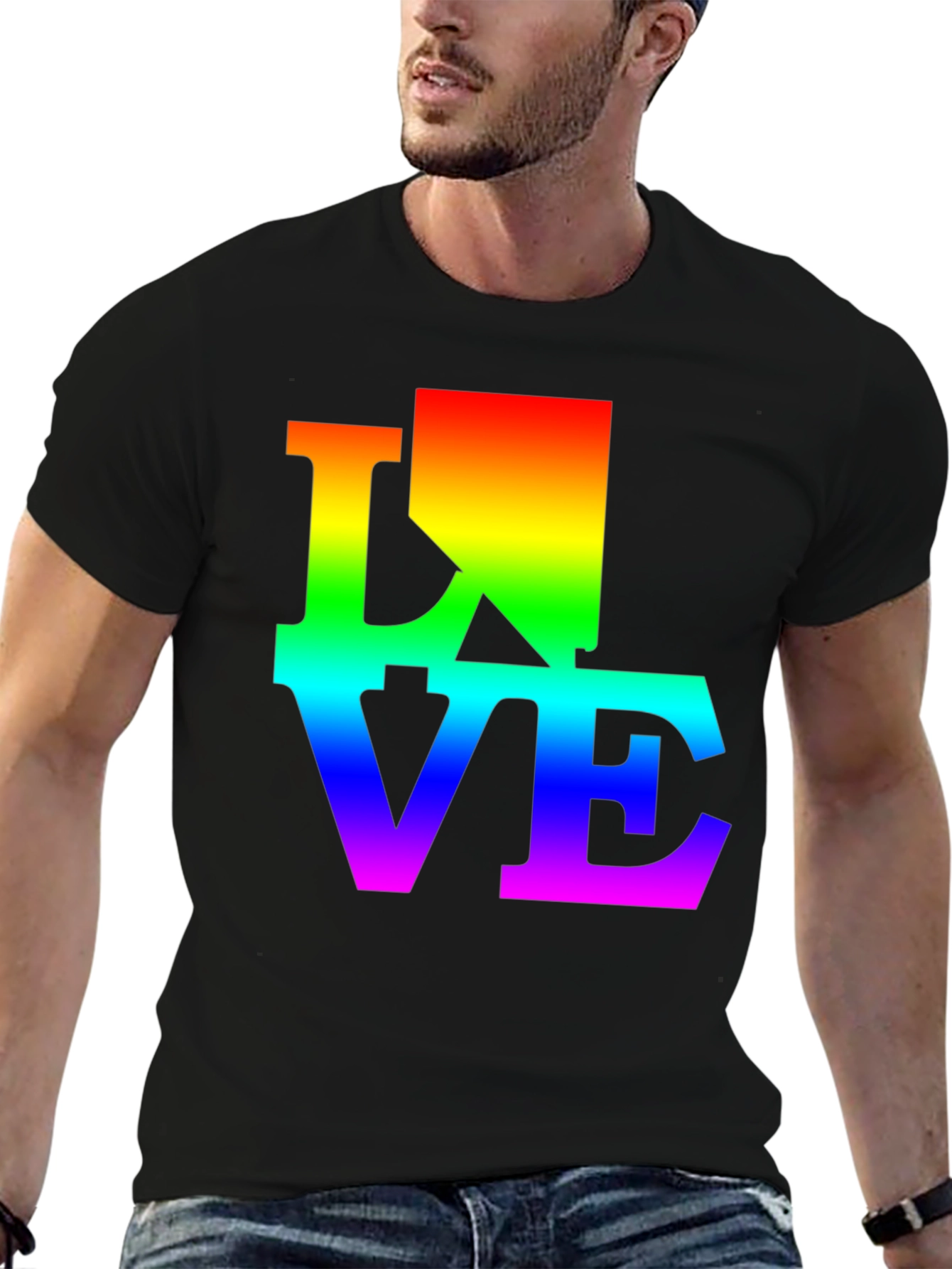 Rainbow LOVE Graphic Print Black T-Shirt