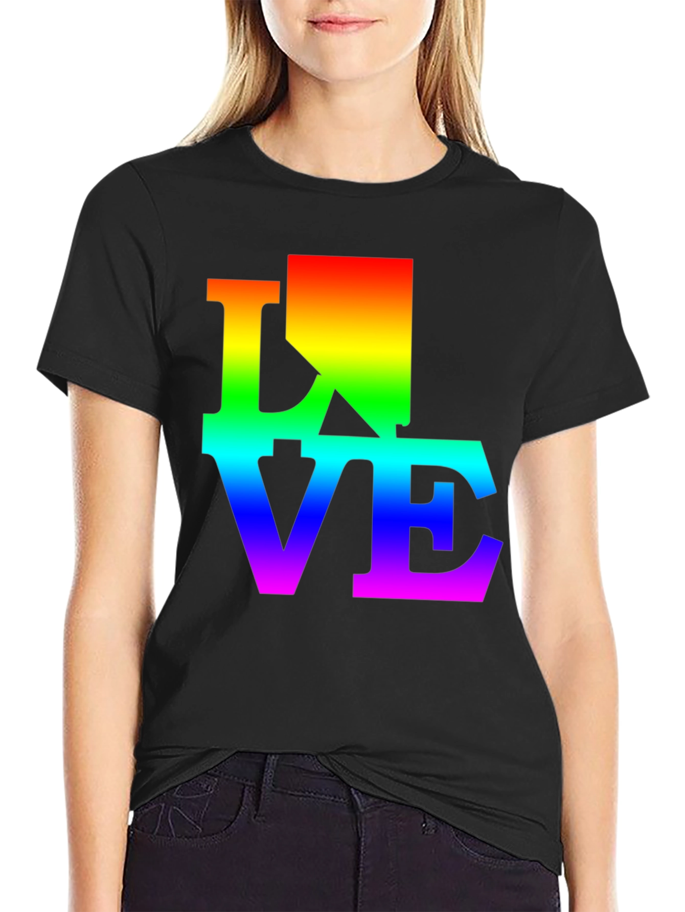 Rainbow LOVE Graphic Print Black T-Shirt