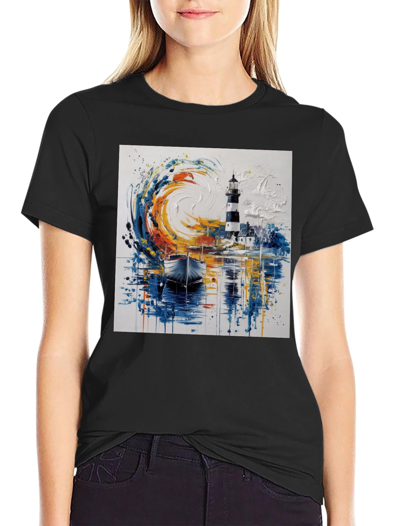 Artistic Lighthouse Graphic Tee - Coastal Style