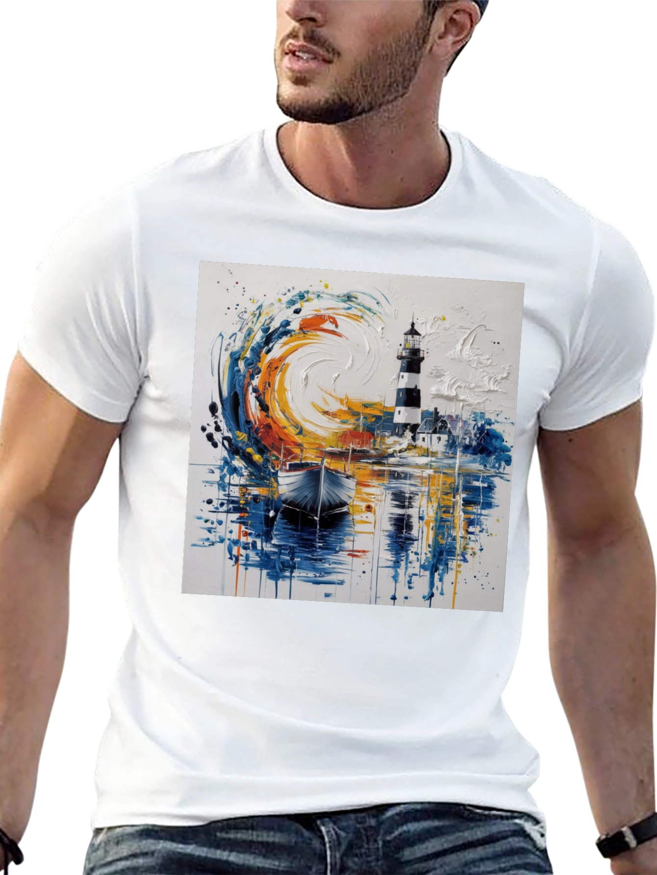 Artistic Lighthouse Graphic Tee - Coastal Style