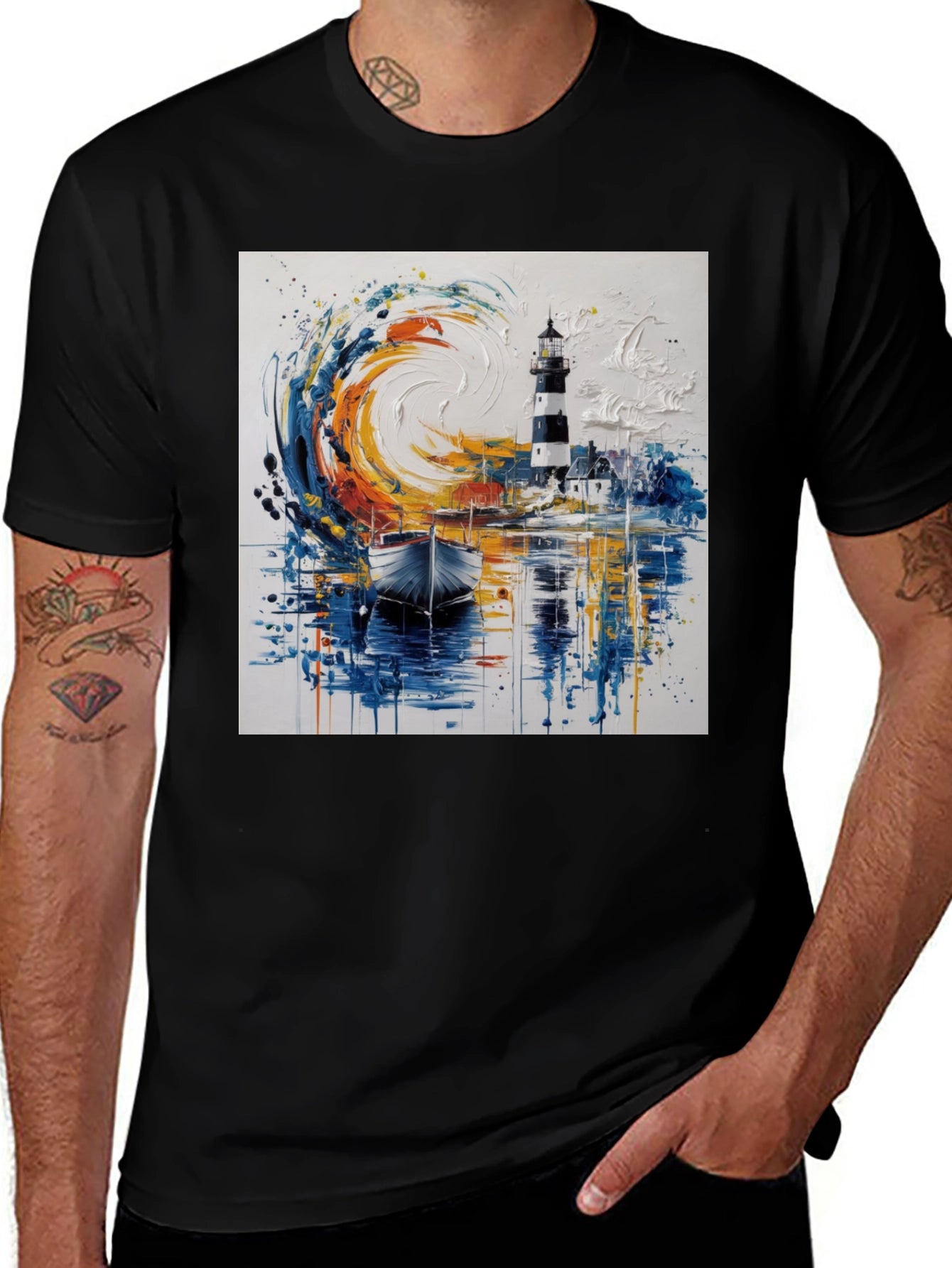 Artistic Lighthouse Graphic Tee - Coastal Style