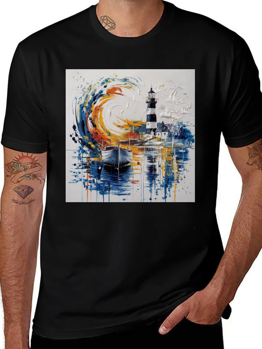 Artistic Lighthouse Graphic Tee - Coastal Style