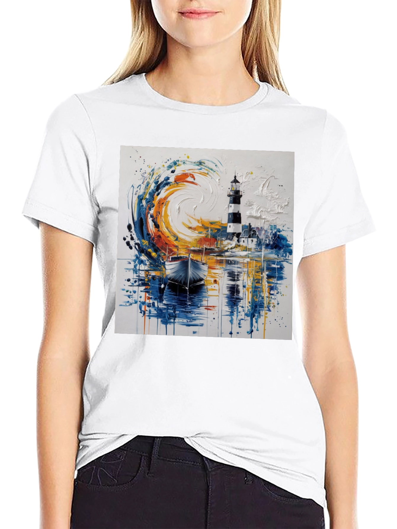Artistic Lighthouse Graphic Tee - Coastal Style