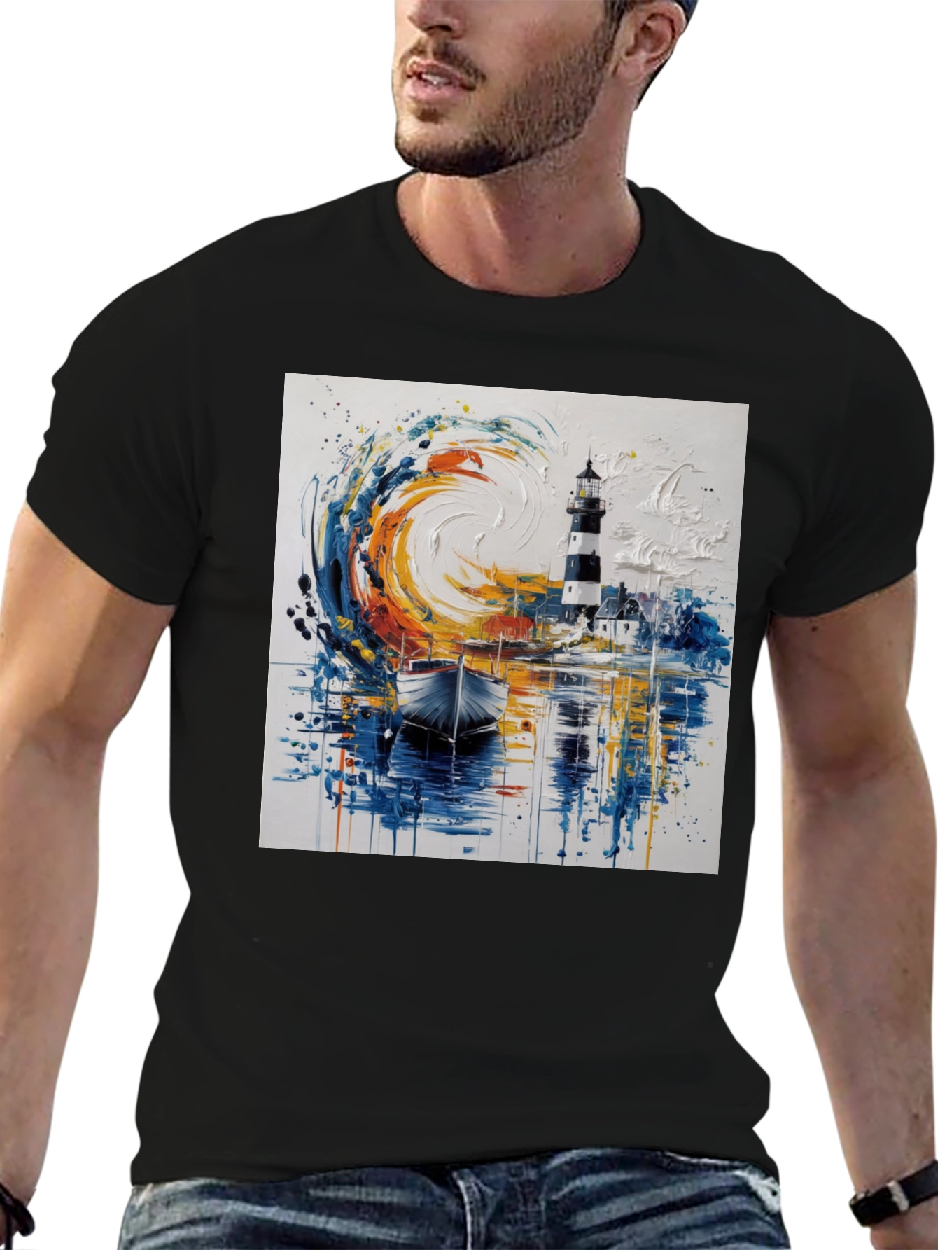 Artistic Lighthouse Graphic Tee - Coastal Style
