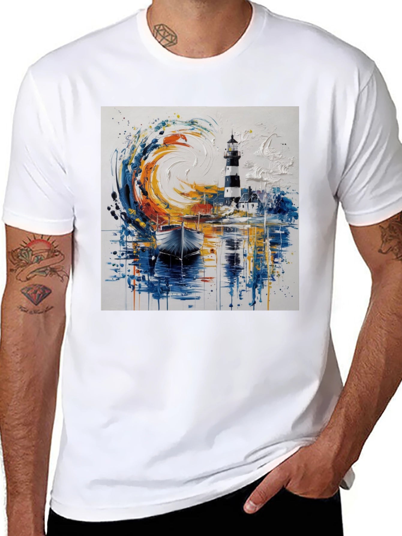 Artistic Lighthouse Graphic Tee - Coastal Style