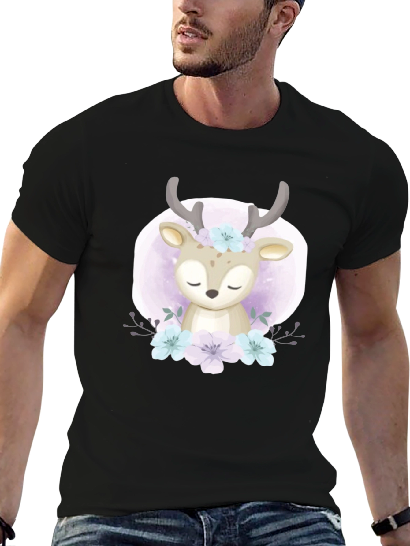 Cute Deer Floral Graphic Black T-Shirt