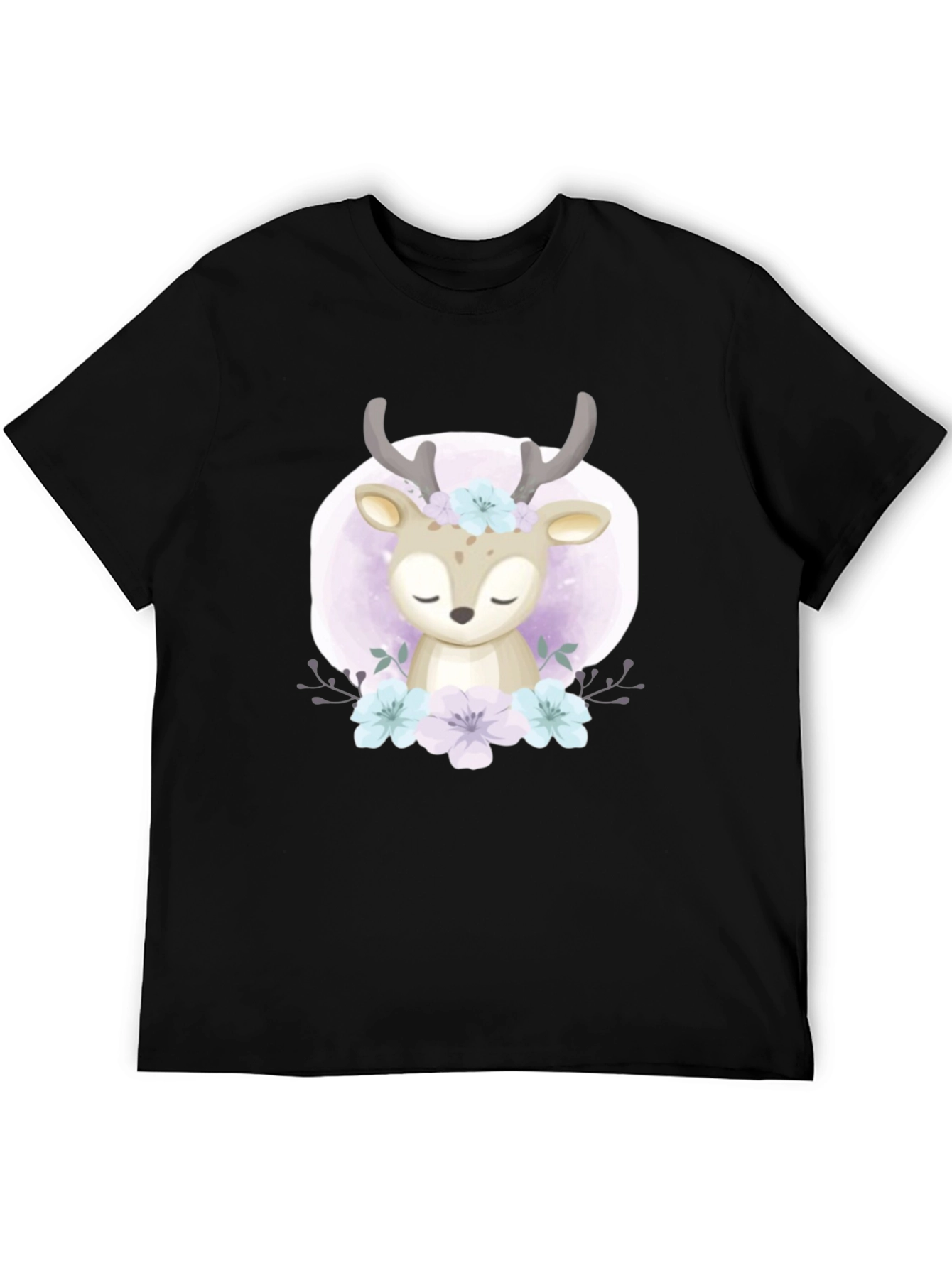 Cute Deer Floral Graphic Black T-Shirt
