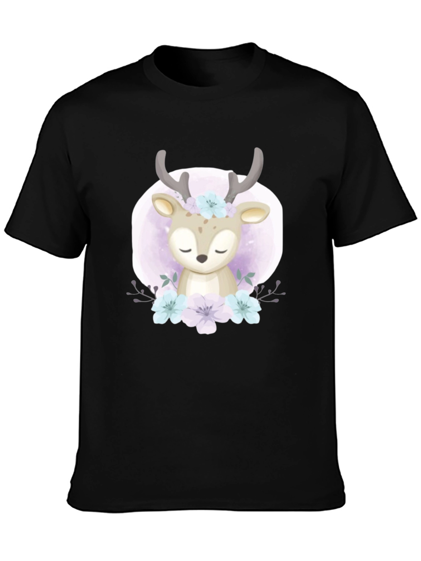 Cute Deer Floral Graphic Black T-Shirt