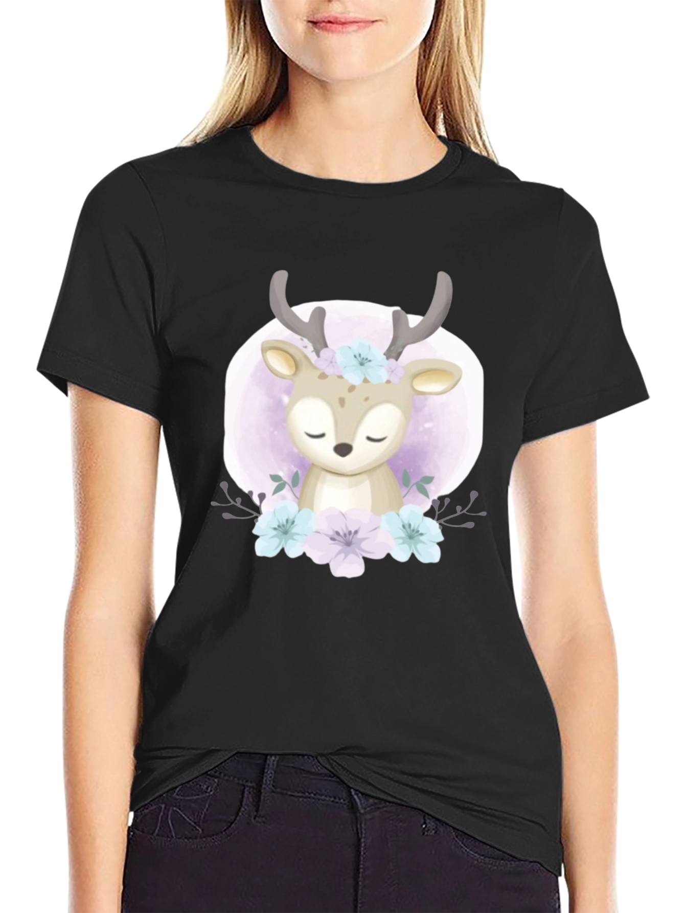 Cute Deer Floral Graphic Black T-Shirt