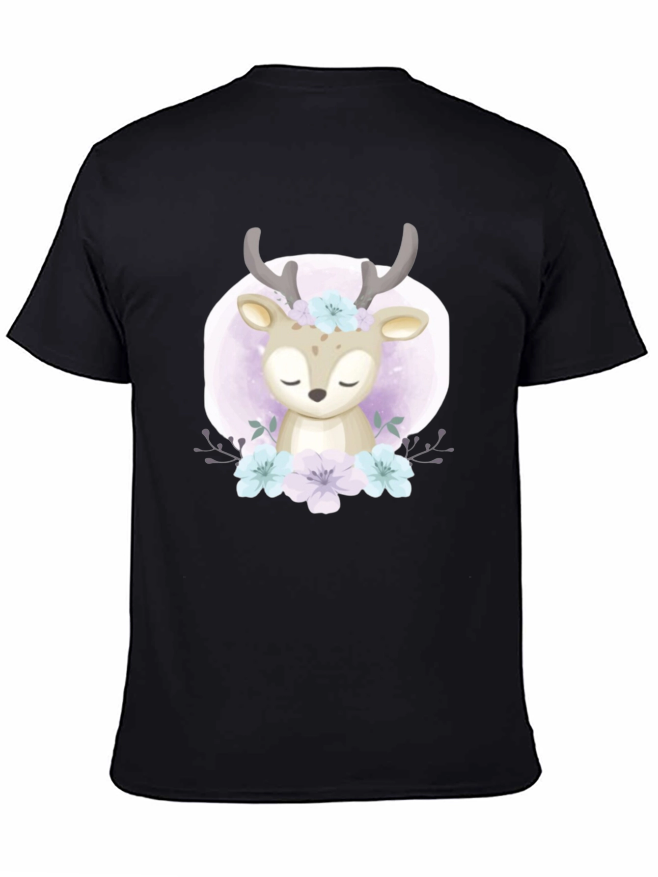 Cute Deer Floral Graphic Black T-Shirt