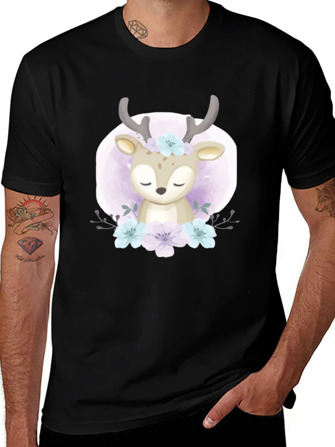 Cute Deer Floral Graphic Black T-Shirt