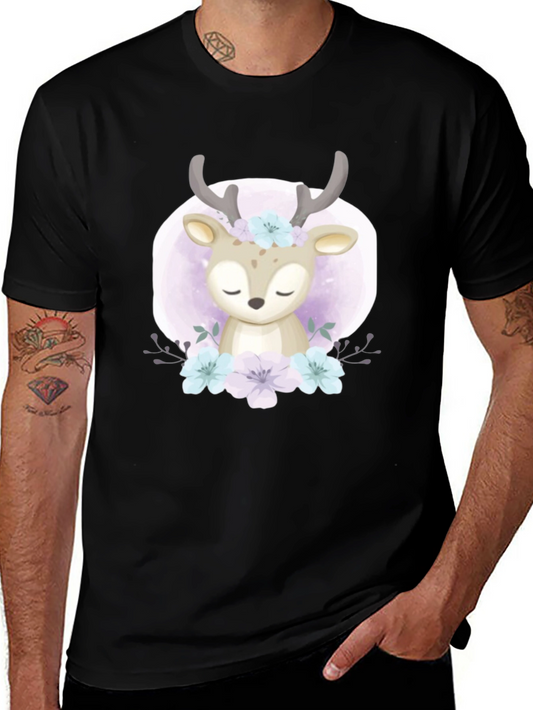 Cute Deer Floral Graphic Black T-Shirt