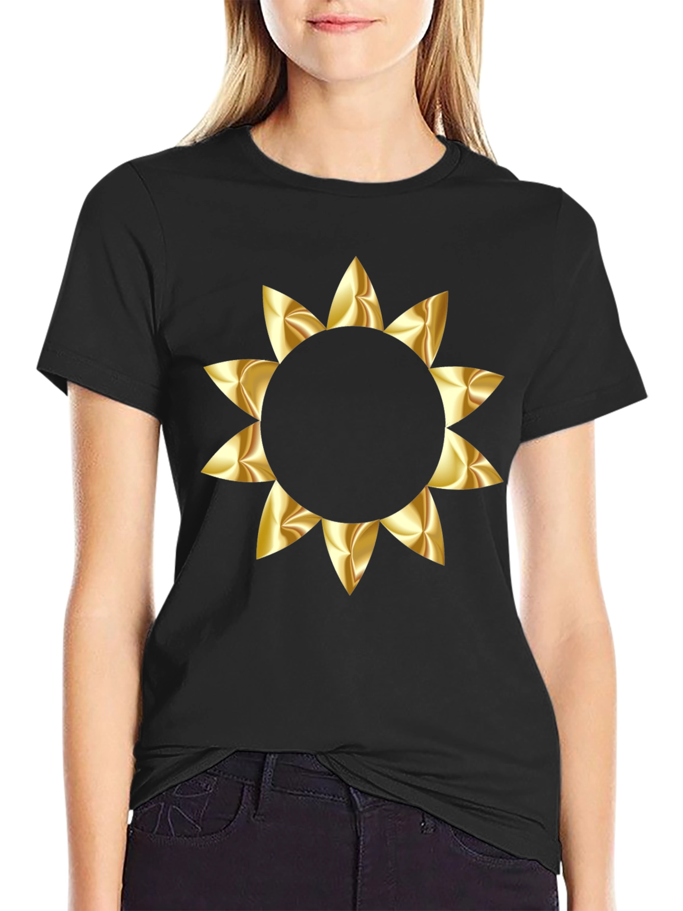 Black T-Shirt with Gold Floral Graphic