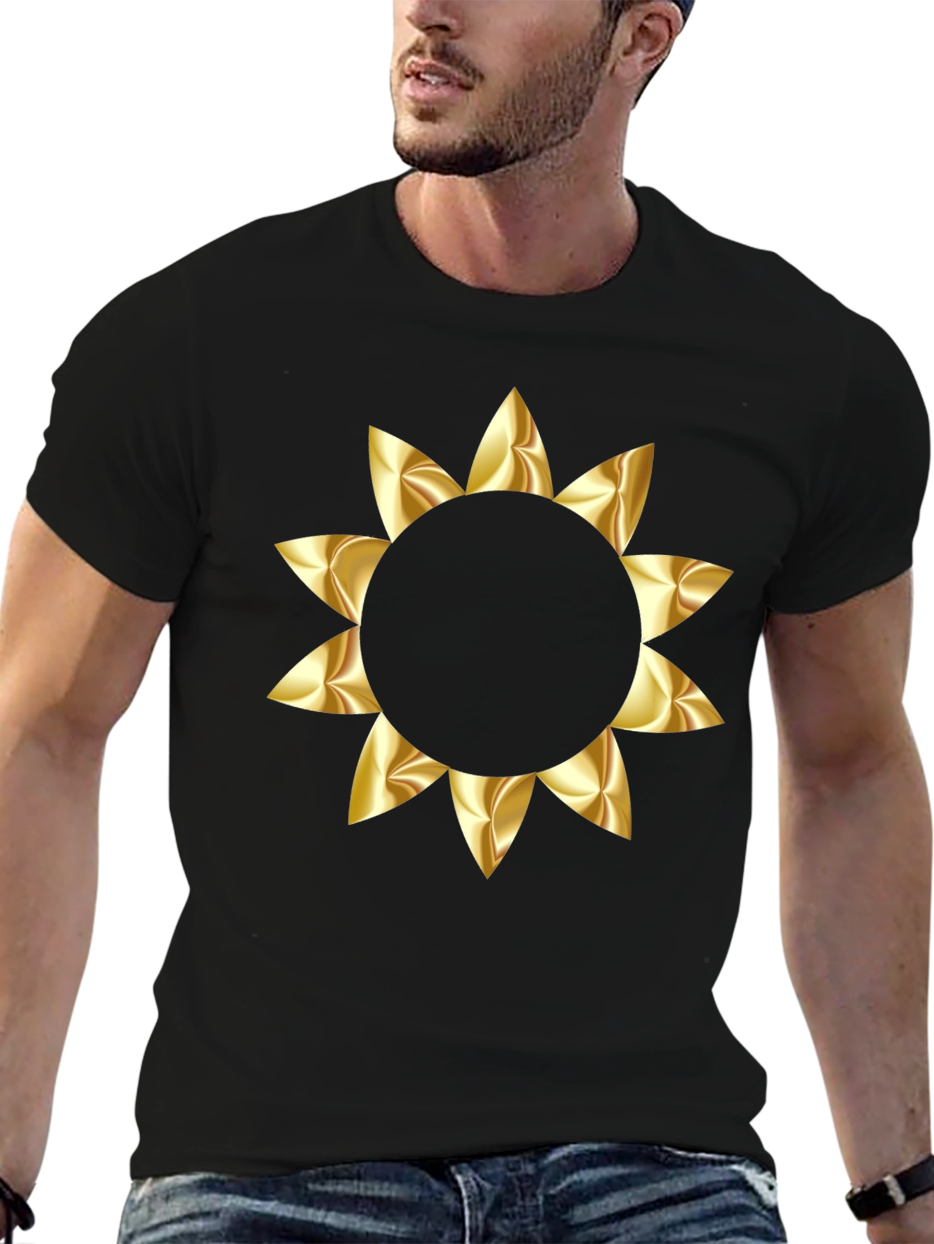Black T-Shirt with Gold Floral Graphic