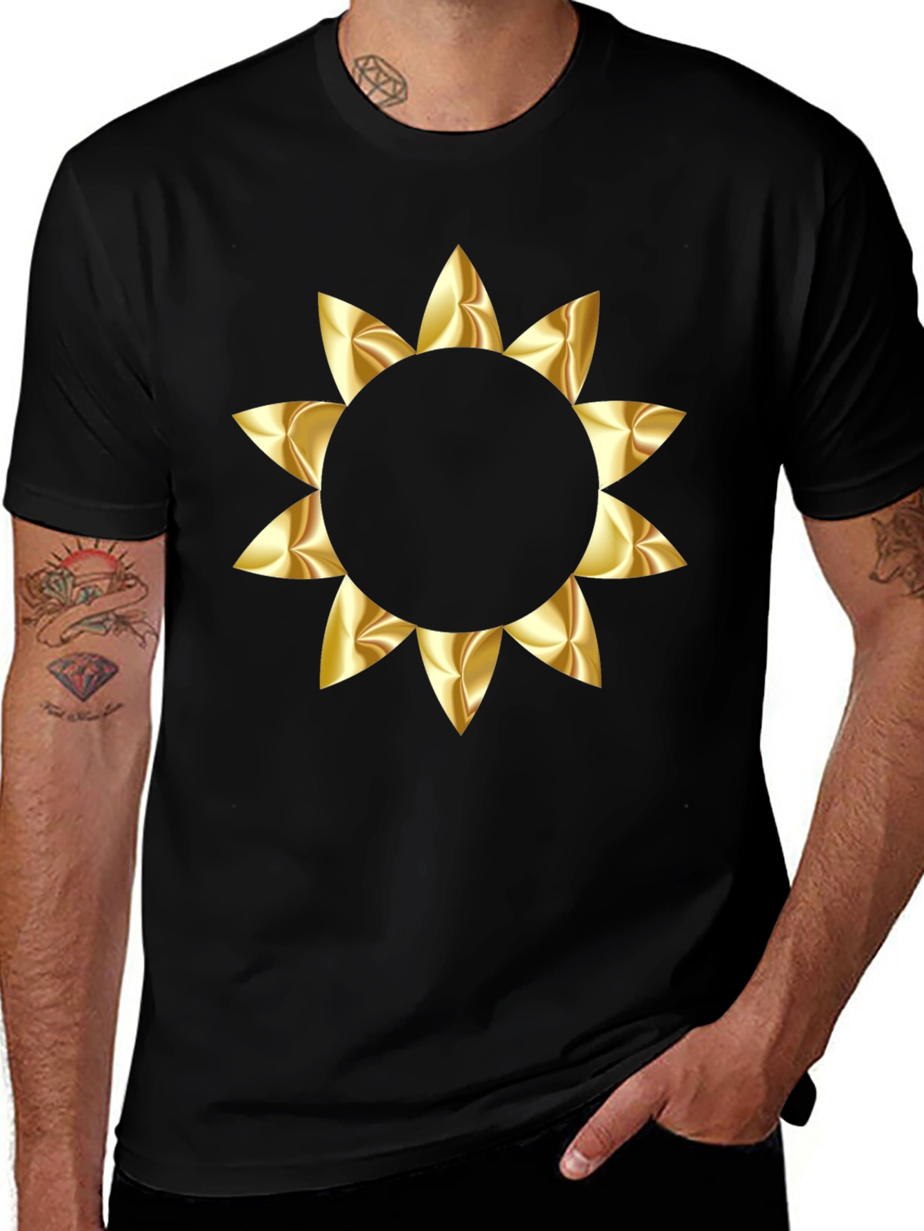 Black T-Shirt with Gold Floral Graphic