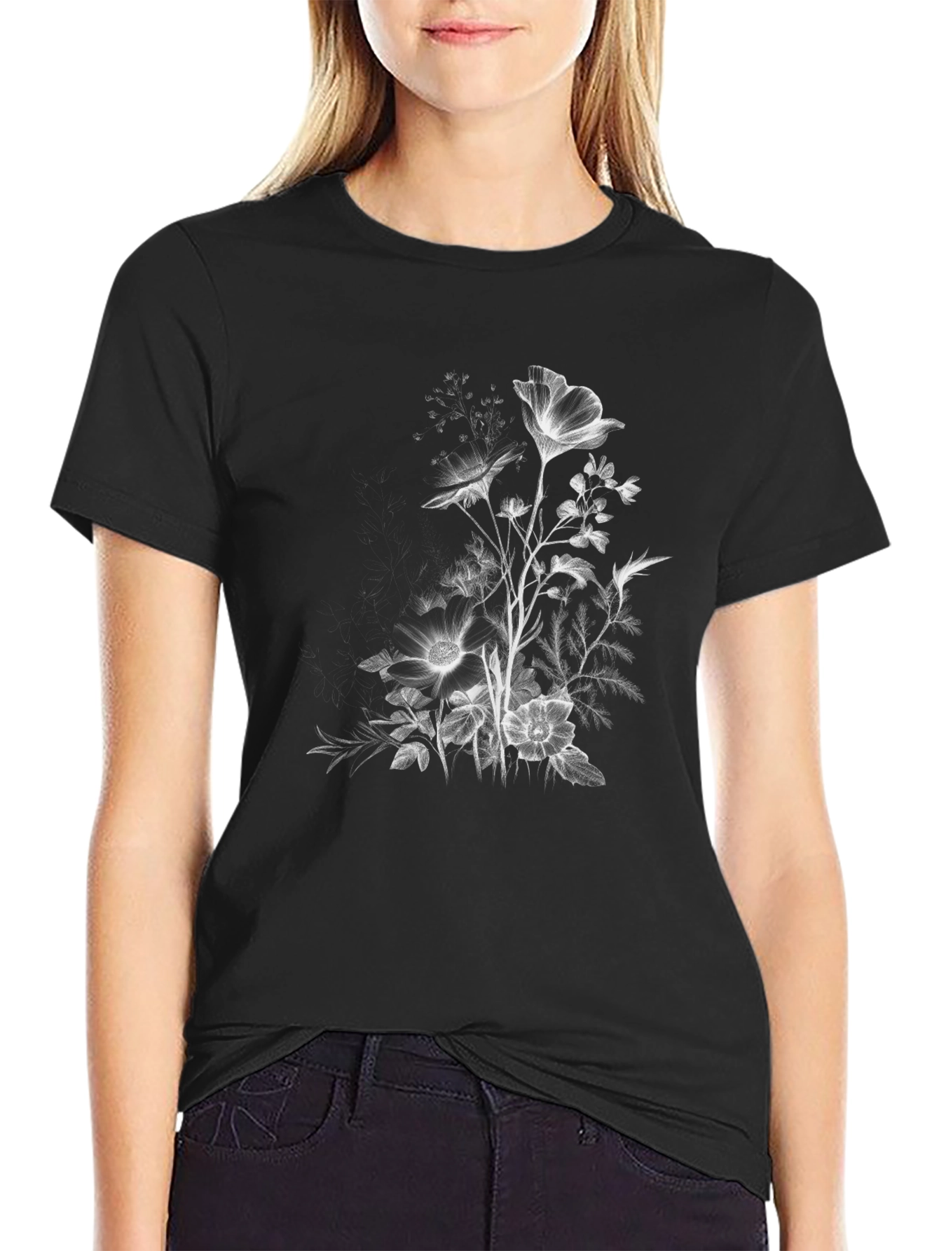 Floral Print Black Casual T-Shirt