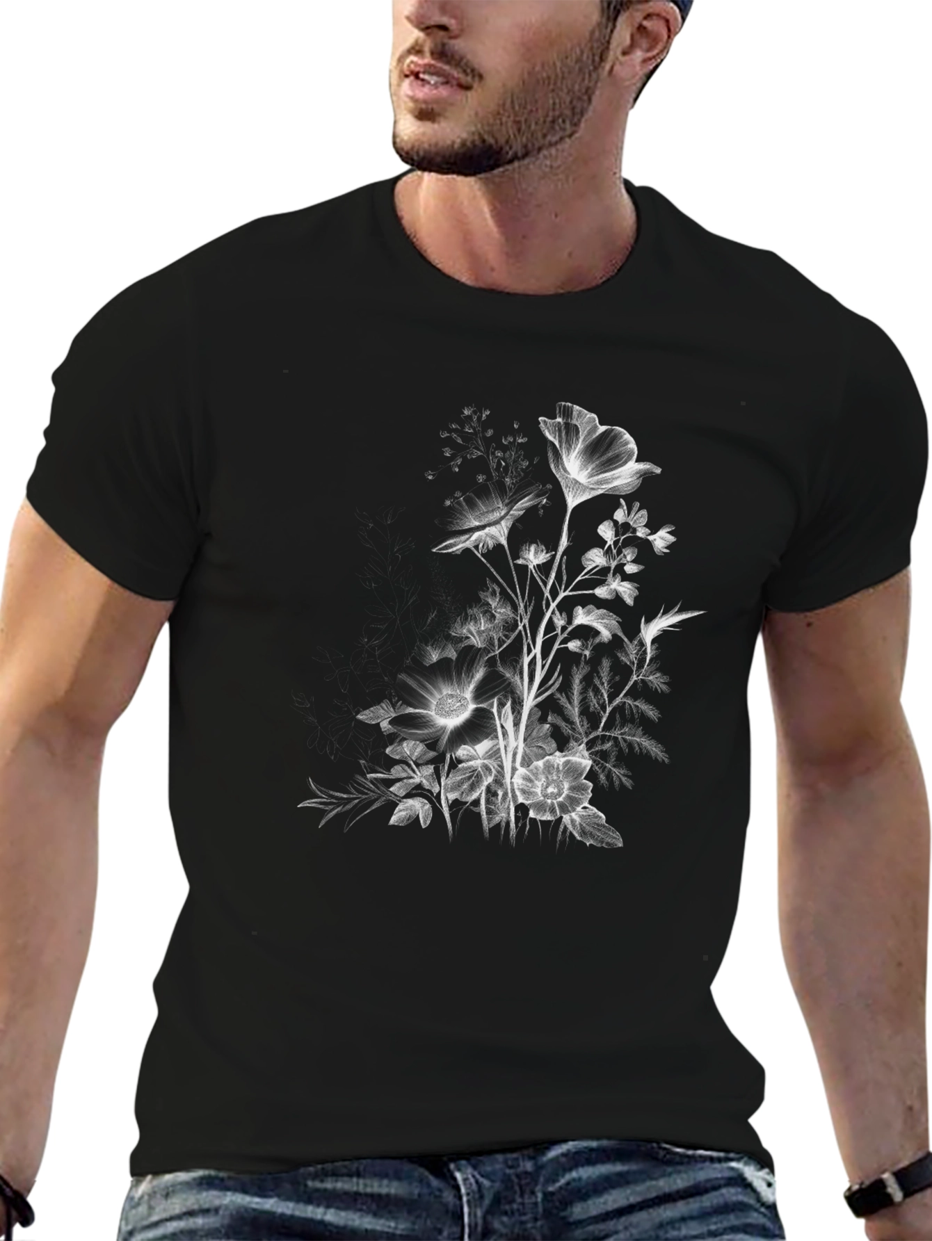 Floral Print Black Casual T-Shirt