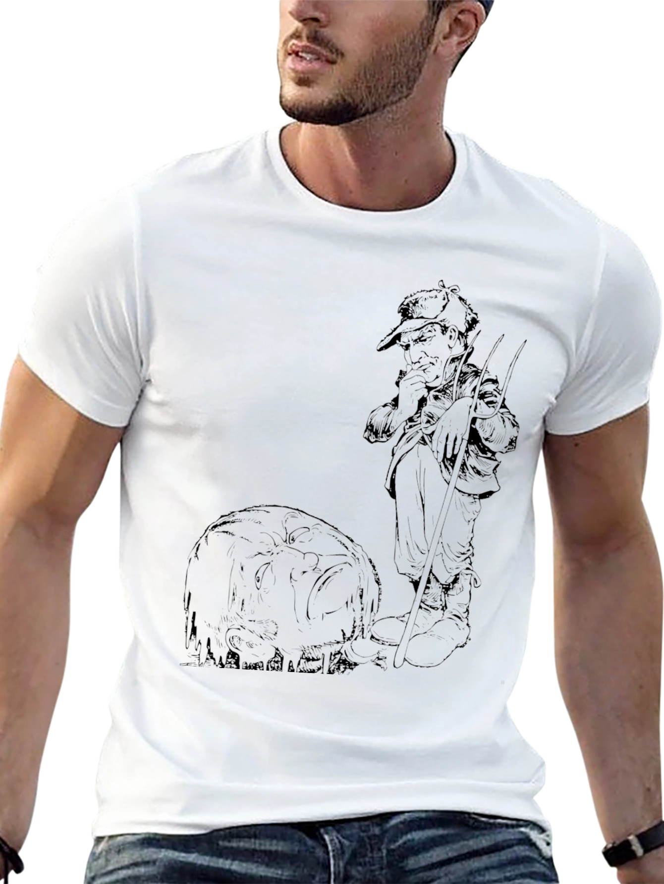 Black Graphic Tee - Fisherman & Fish Design