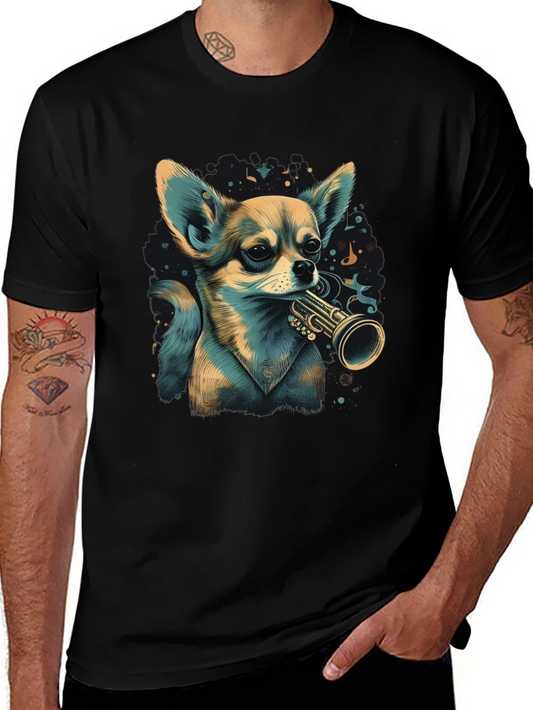 Dog with Trumpet Graphic Black T-Shirt