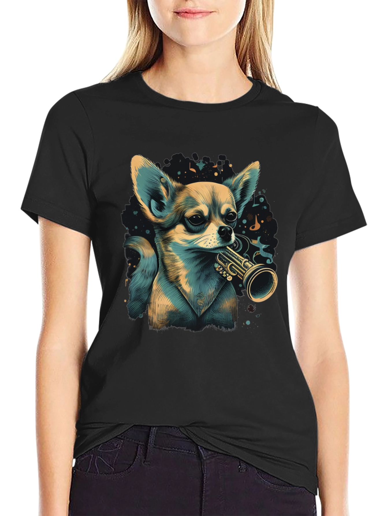 Dog with Trumpet Graphic Black T-Shirt