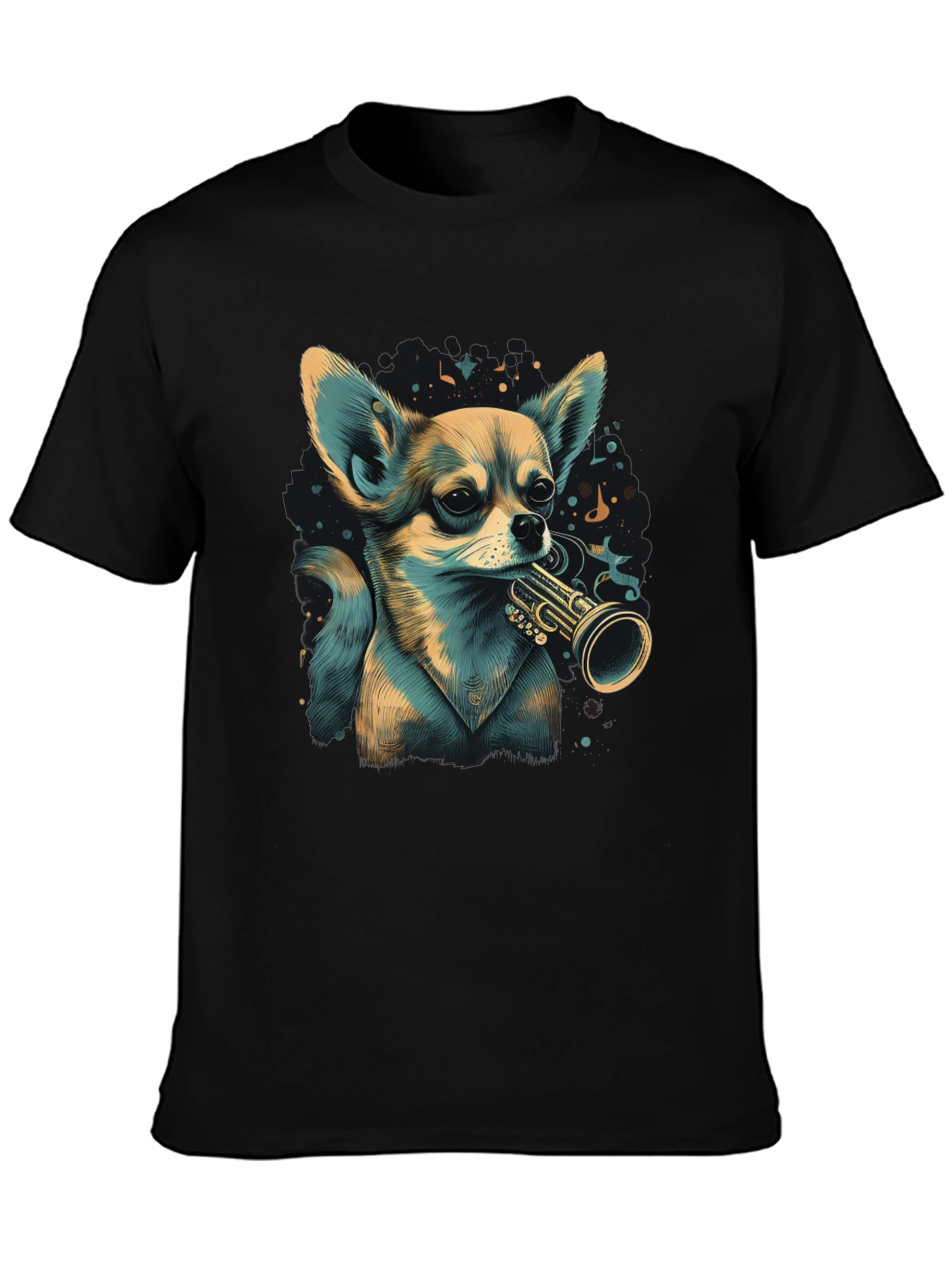 Dog with Trumpet Graphic Black T-Shirt
