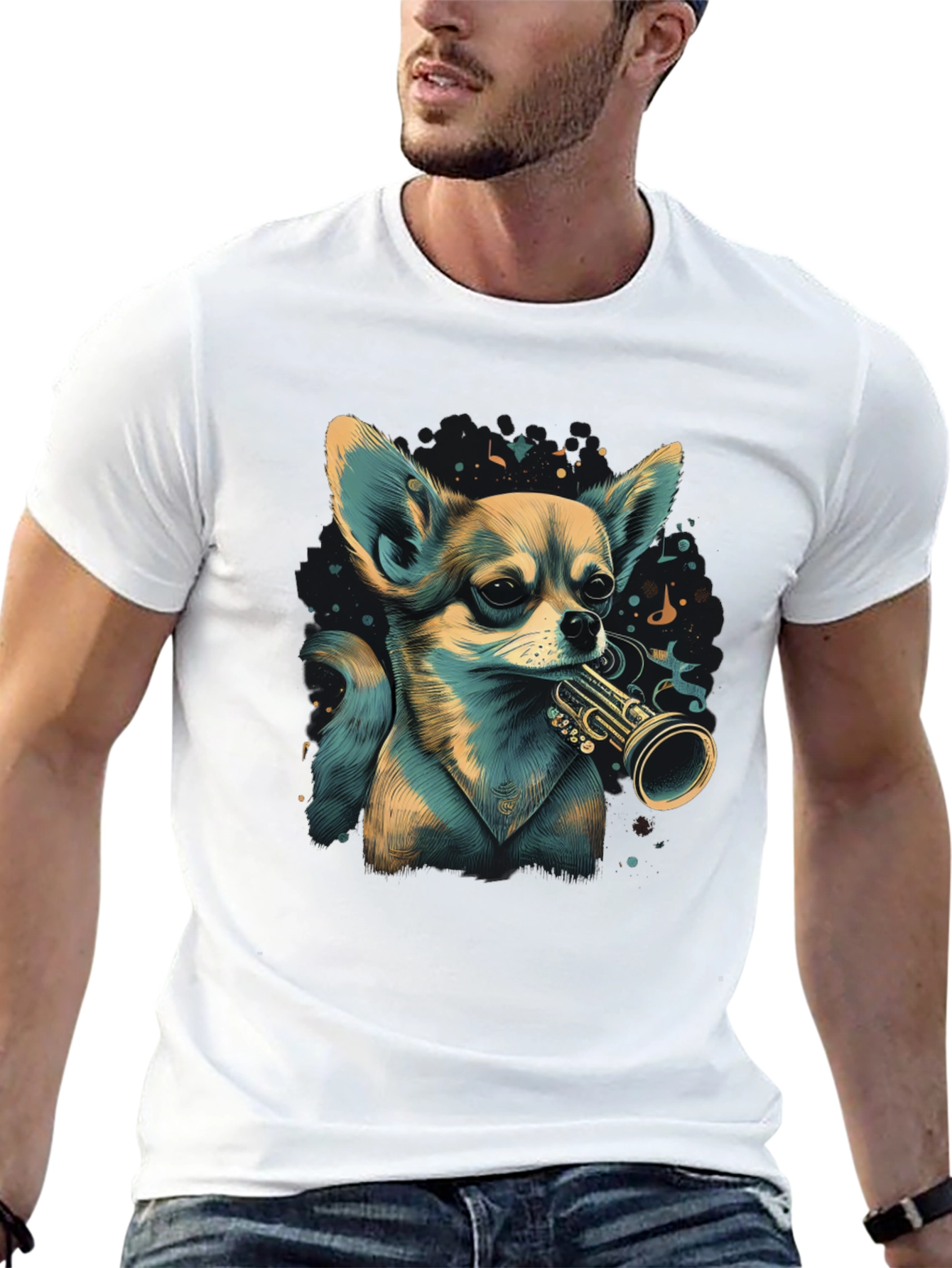 Dog with Trumpet Graphic Black T-Shirt