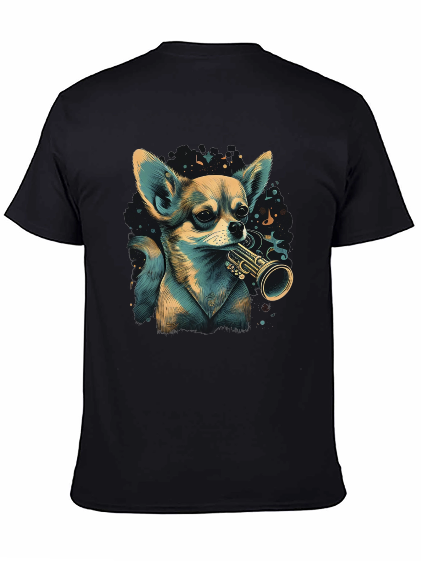 Dog with Trumpet Graphic Black T-Shirt