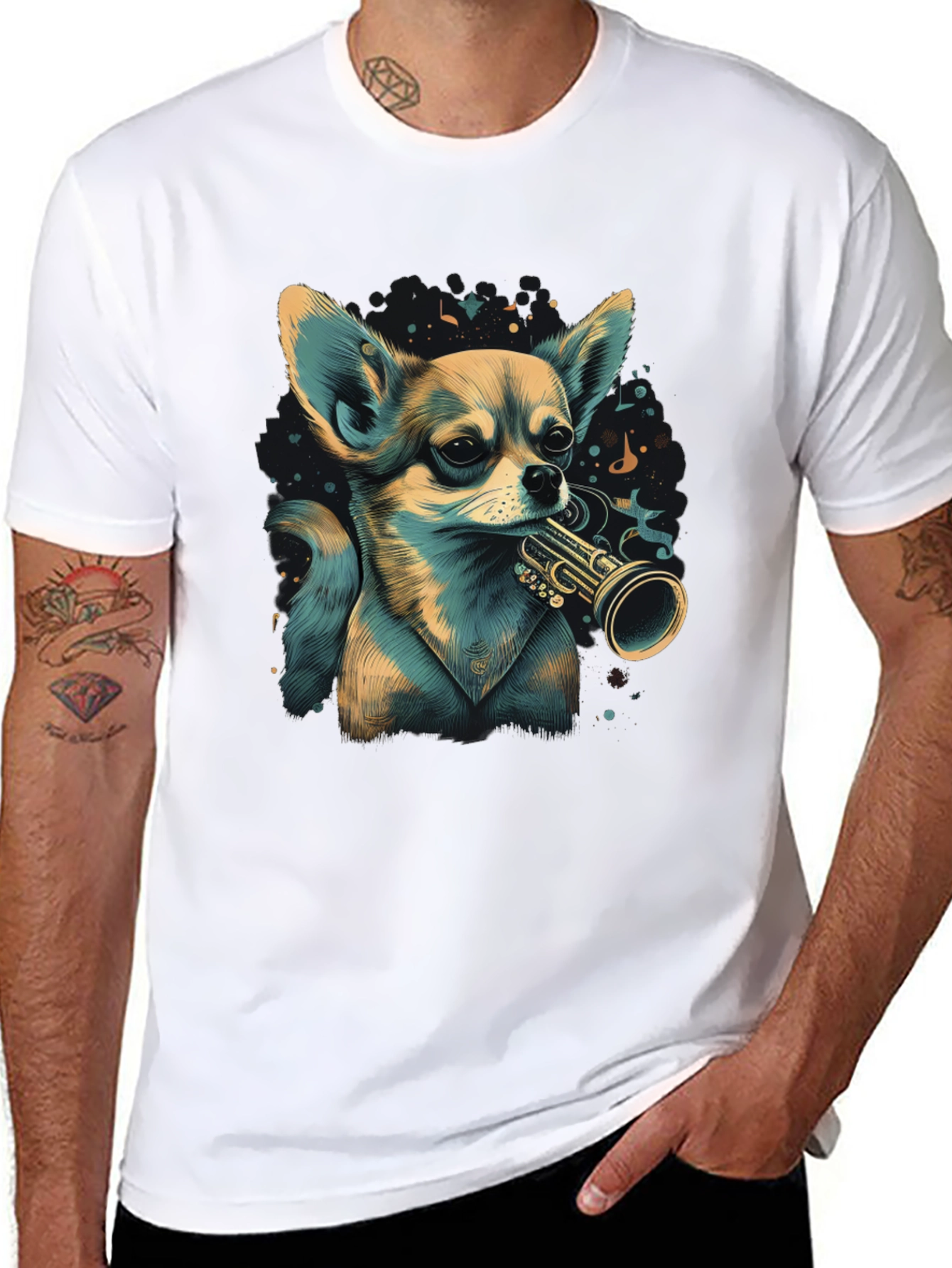 Dog with Trumpet Graphic Black T-Shirt