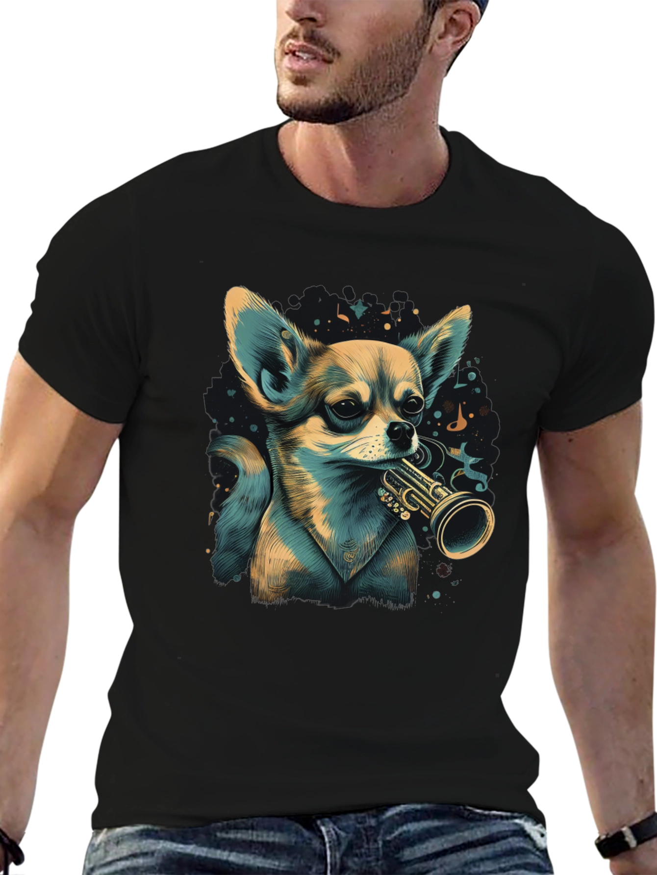 Dog with Trumpet Graphic Black T-Shirt